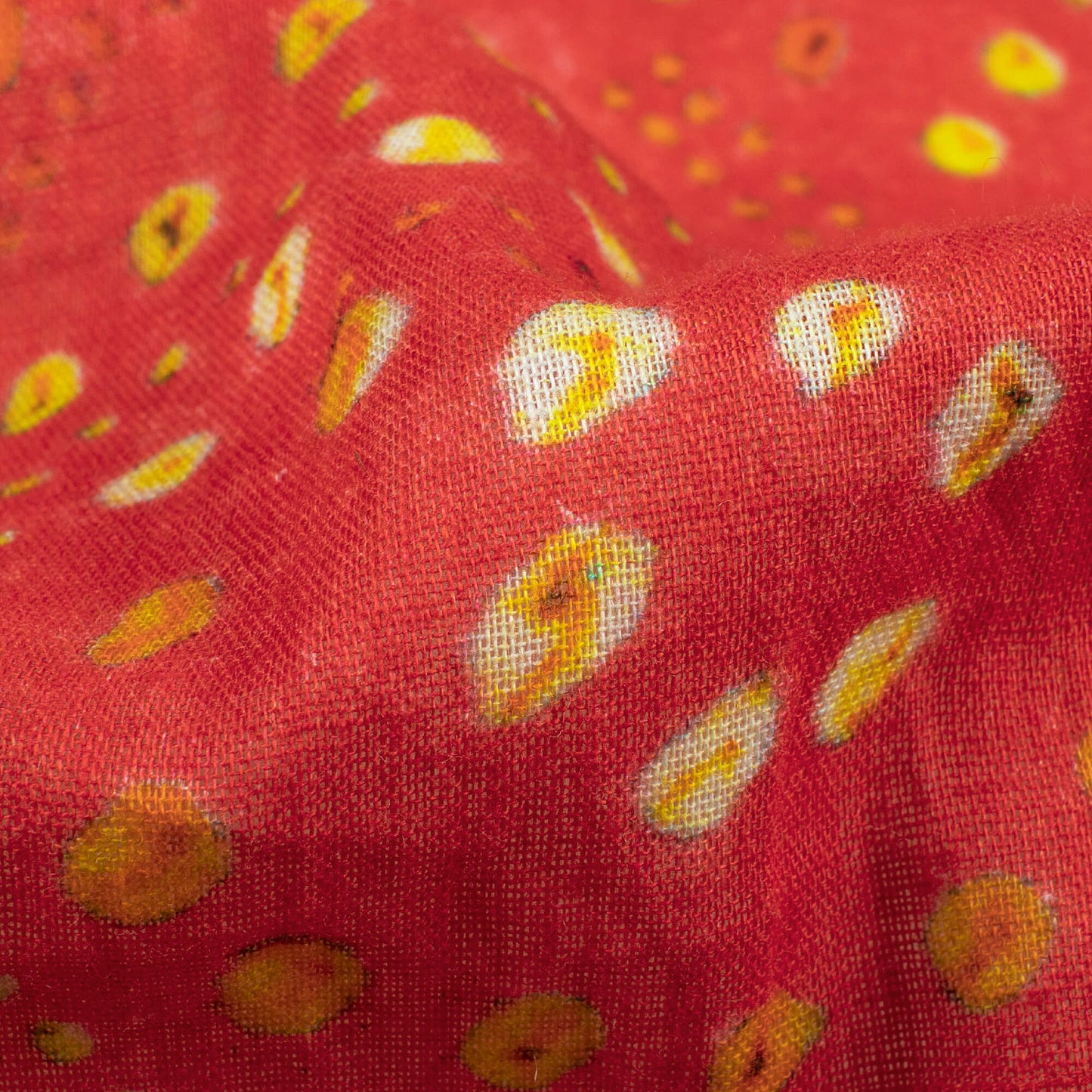 Red And Yellow Bandhanii Pattern Digital Print Pure Cotton Mulmul Fabric