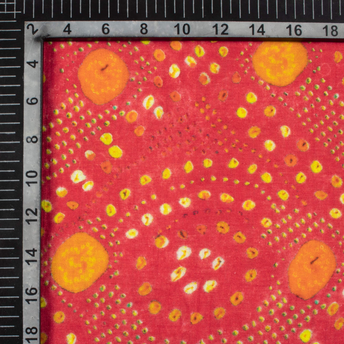 Red And Yellow Bandhanii Pattern Digital Print Pure Cotton Mulmul Fabric