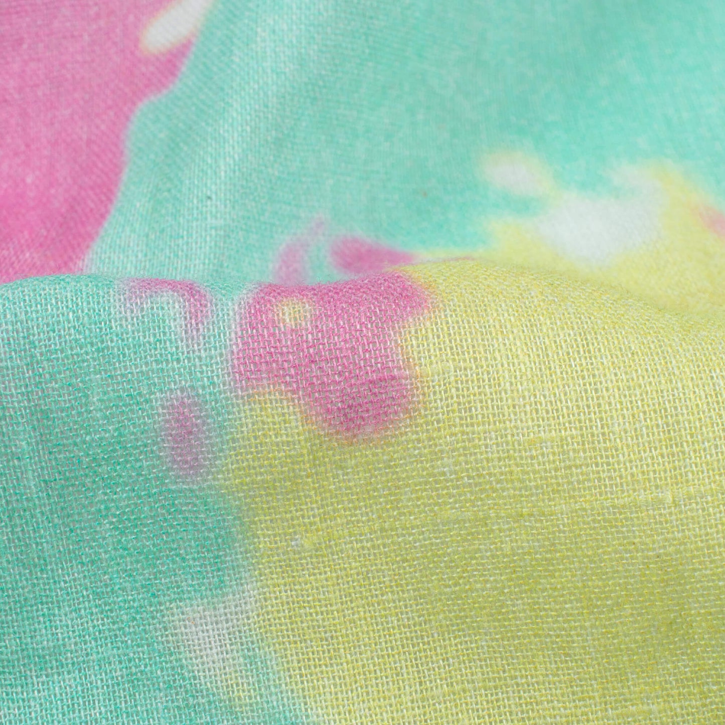 Taffy Pink And Banana Yellow Tye And Dye Pattern Digital Print Pure Cotton Mulmul Fabric