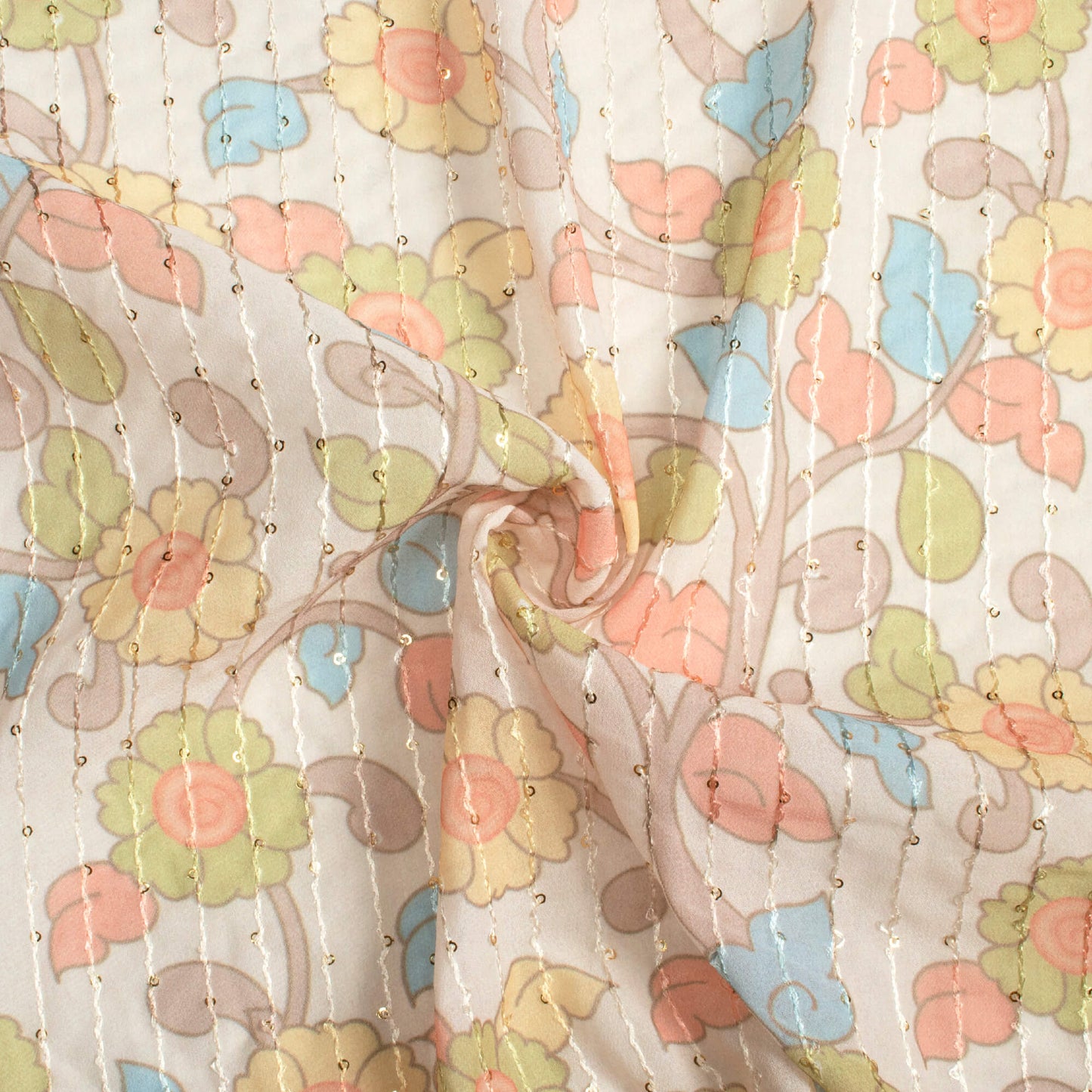 Oat Beige And Moss Green Kalamkrii Pattern Digital Print Premium Sequins Georgette Fabric