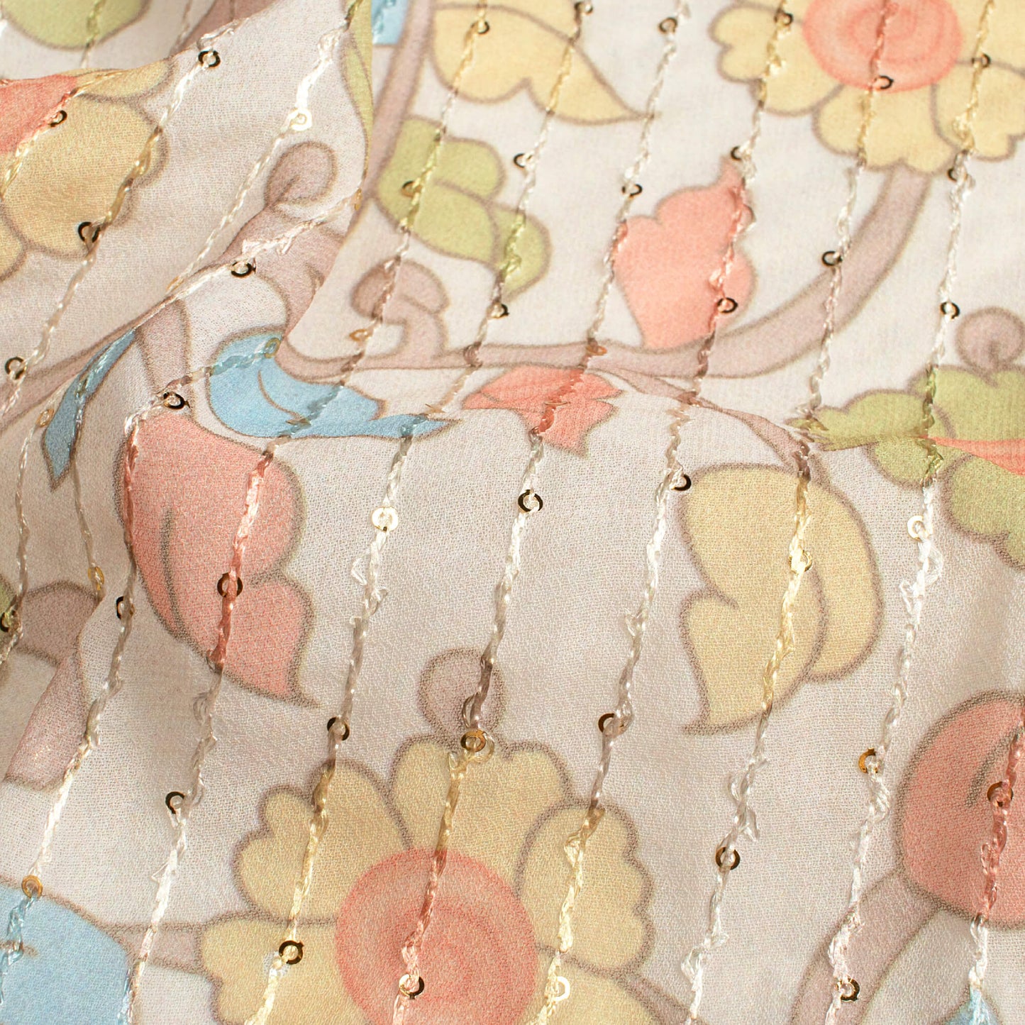 Oat Beige And Moss Green Kalamkrii Pattern Digital Print Premium Sequins Georgette Fabric
