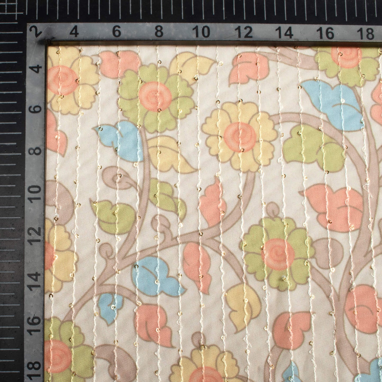 Oat Beige And Moss Green Kalamkrii Pattern Digital Print Premium Sequins Georgette Fabric