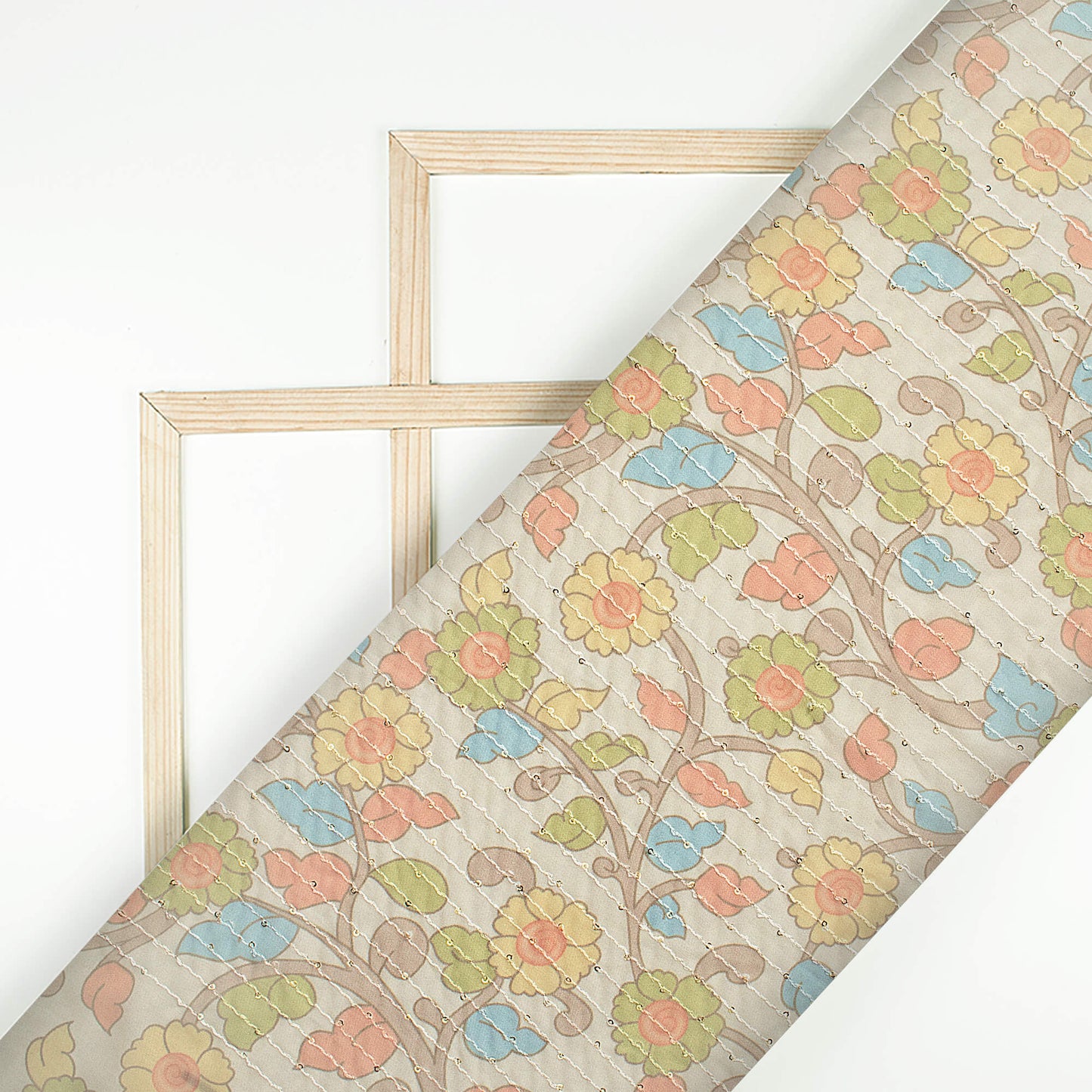 Oat Beige And Moss Green Kalamkrii Pattern Digital Print Premium Sequins Georgette Fabric