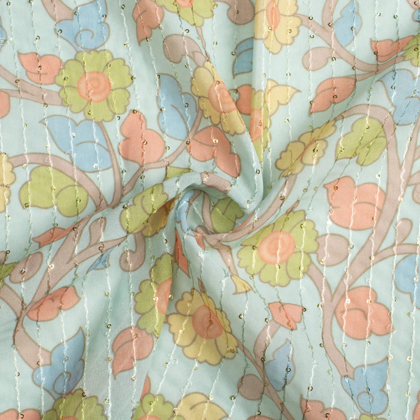 Mint Green And Moss Green Kalamkrii Pattern Digital Print Premium Sequins Georgette Fabric