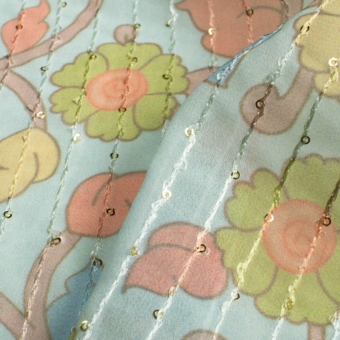 Mint Green And Moss Green Kalamkrii Pattern Digital Print Premium Sequins Georgette Fabric