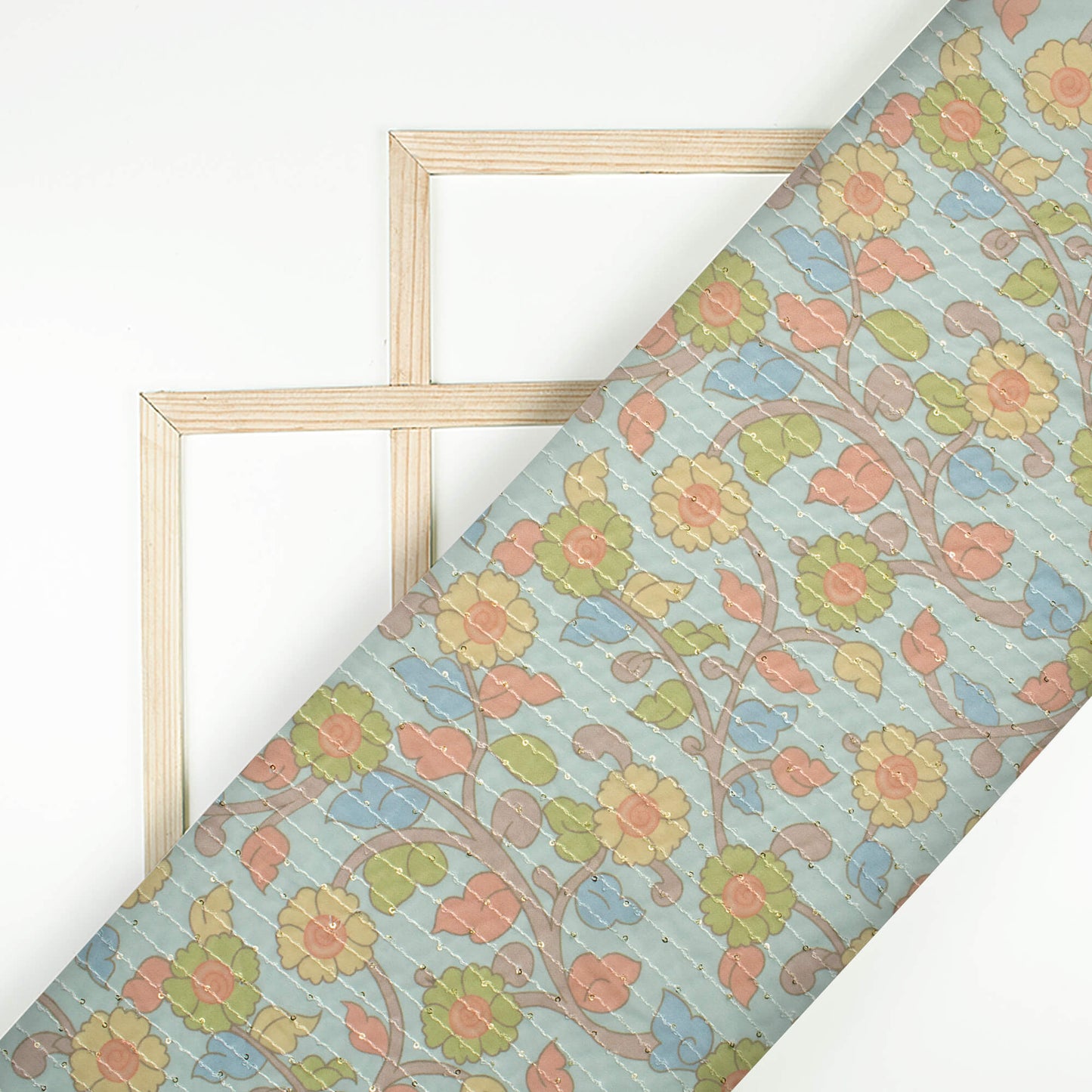 Mint Green And Moss Green Kalamkrii Pattern Digital Print Premium Sequins Georgette Fabric
