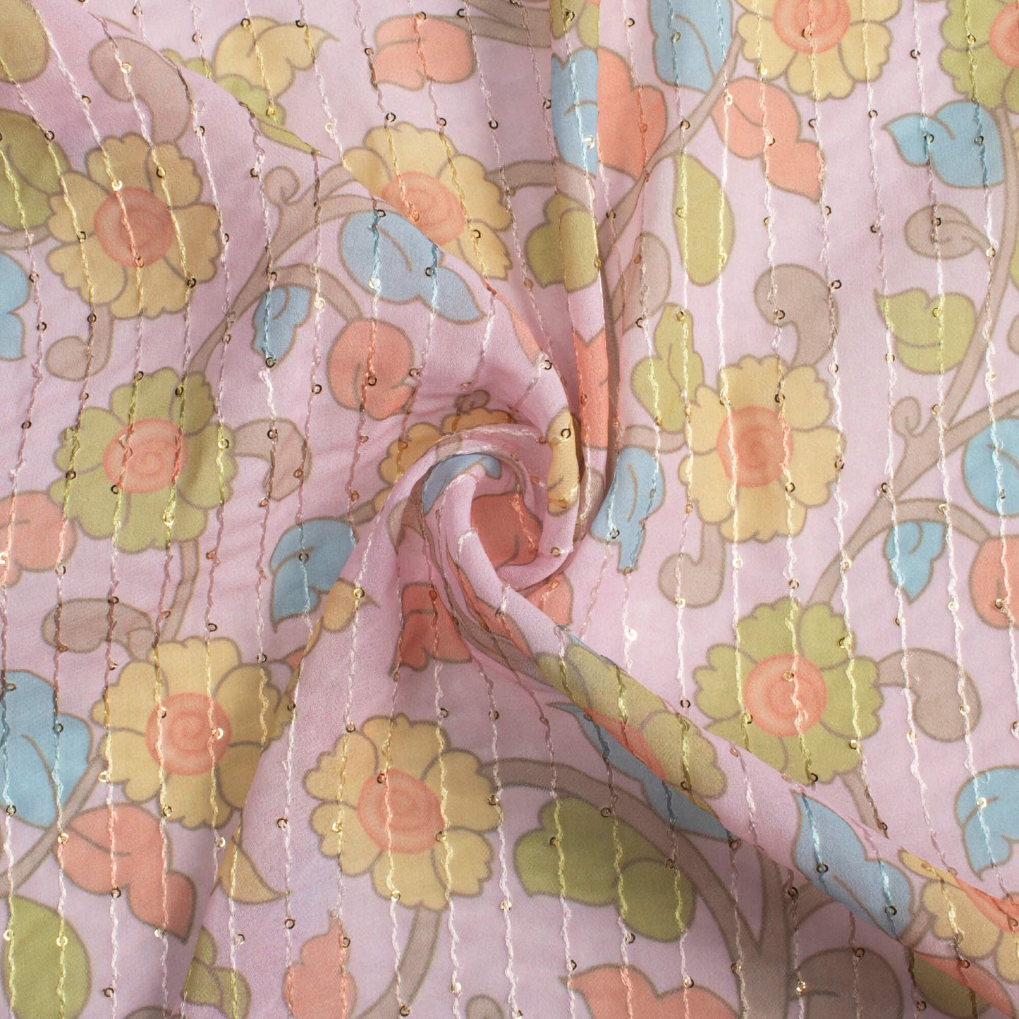 Pastel Pink And Moss Green Kalamkari Pattern Digital Print Premium Sequins Georgette Fabric