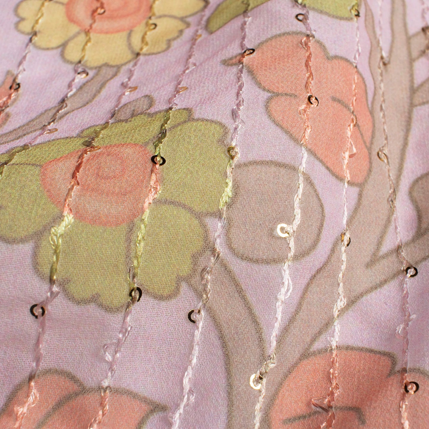 Pastel Pink And Moss Green Kalamkrii Pattern Digital Print Premium Sequins Georgette Fabric