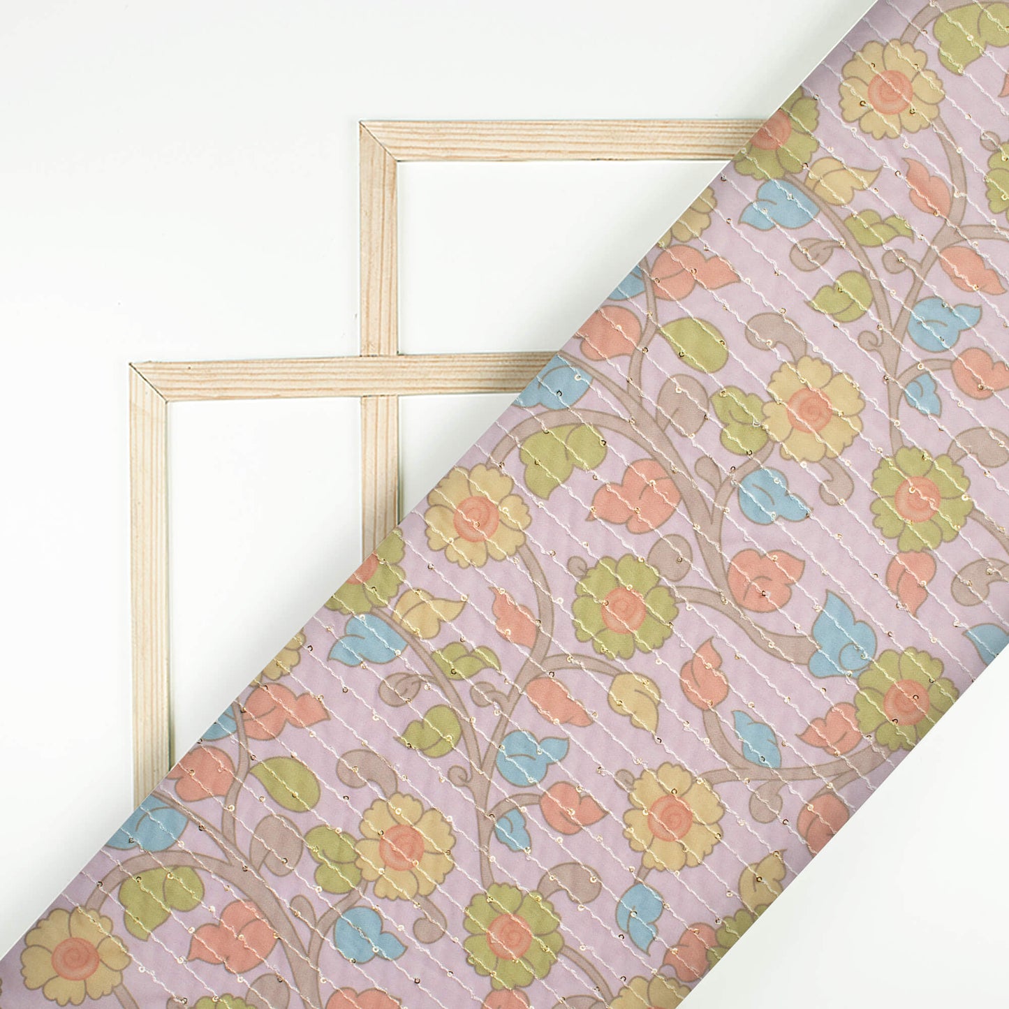 Pastel Pink And Moss Green Kalamkrii Pattern Digital Print Premium Sequins Georgette Fabric