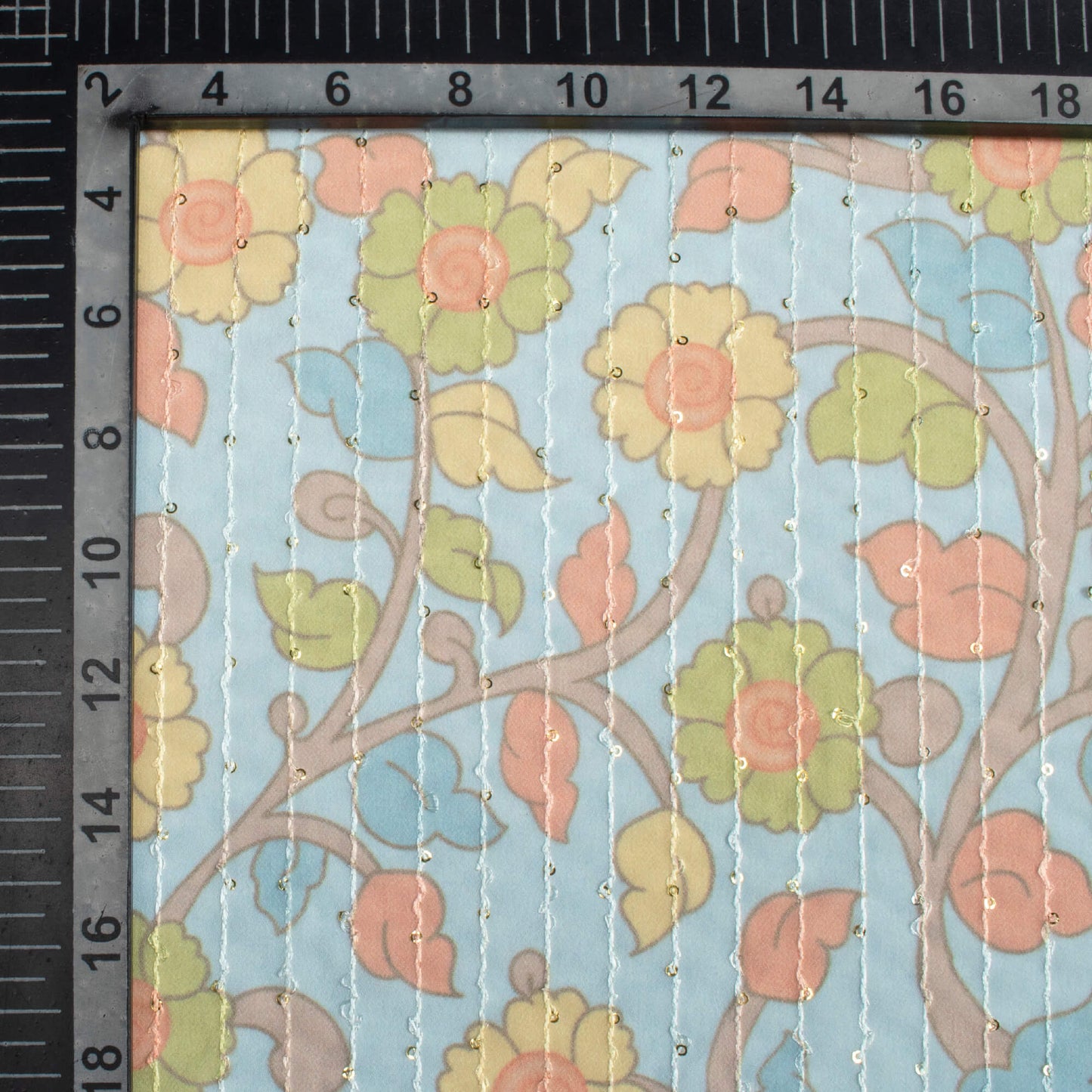 Baby Blue And Moss Green Kalamkrii Pattern Digital Print Premium Sequins Georgette Fabric