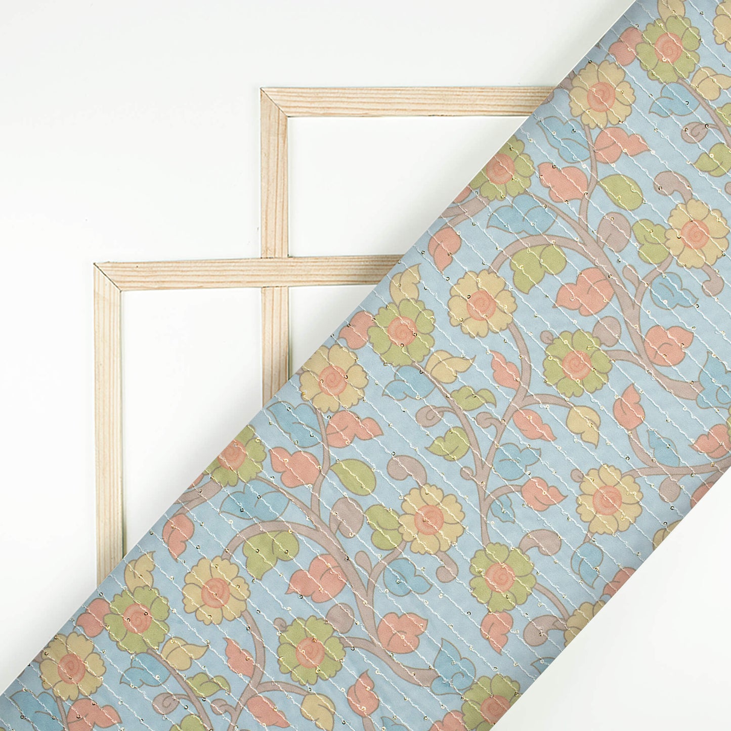 Baby Blue And Moss Green Kalamkrii Pattern Digital Print Premium Sequins Georgette Fabric