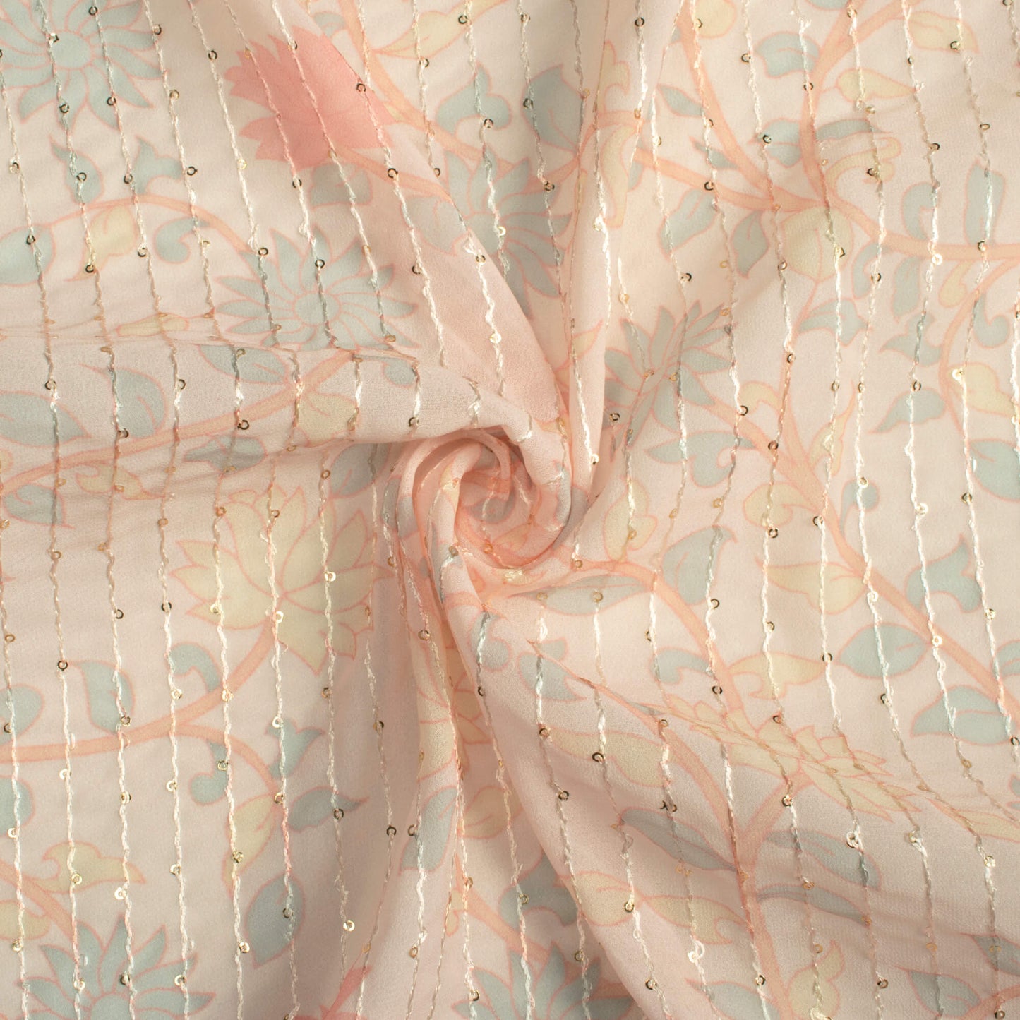 Pale Orange And Blush Red Floral Pattern Digital Print Premium Sequins Georgette Fabric