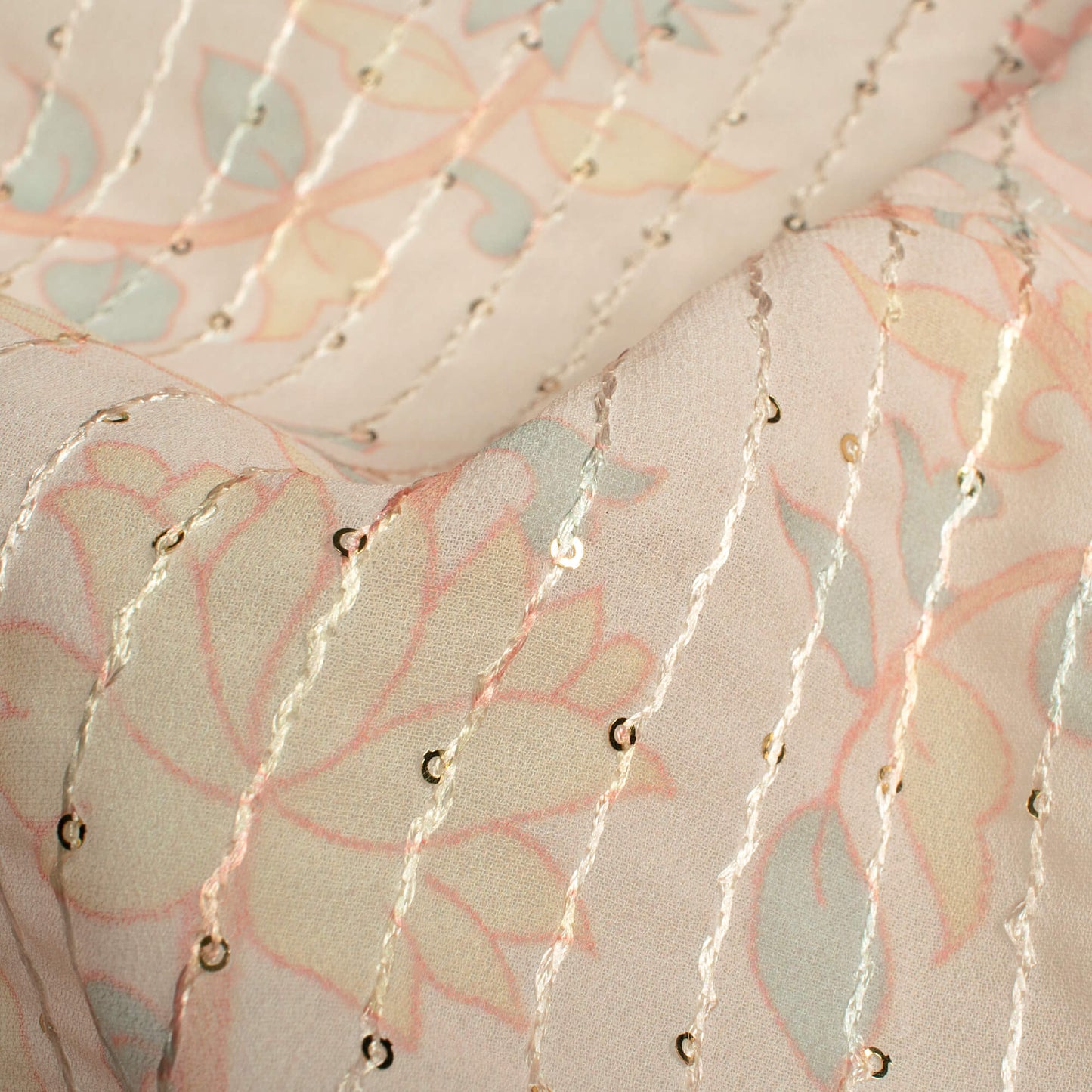 Pale Orange And Blush Red Floral Pattern Digital Print Premium Sequins Georgette Fabric