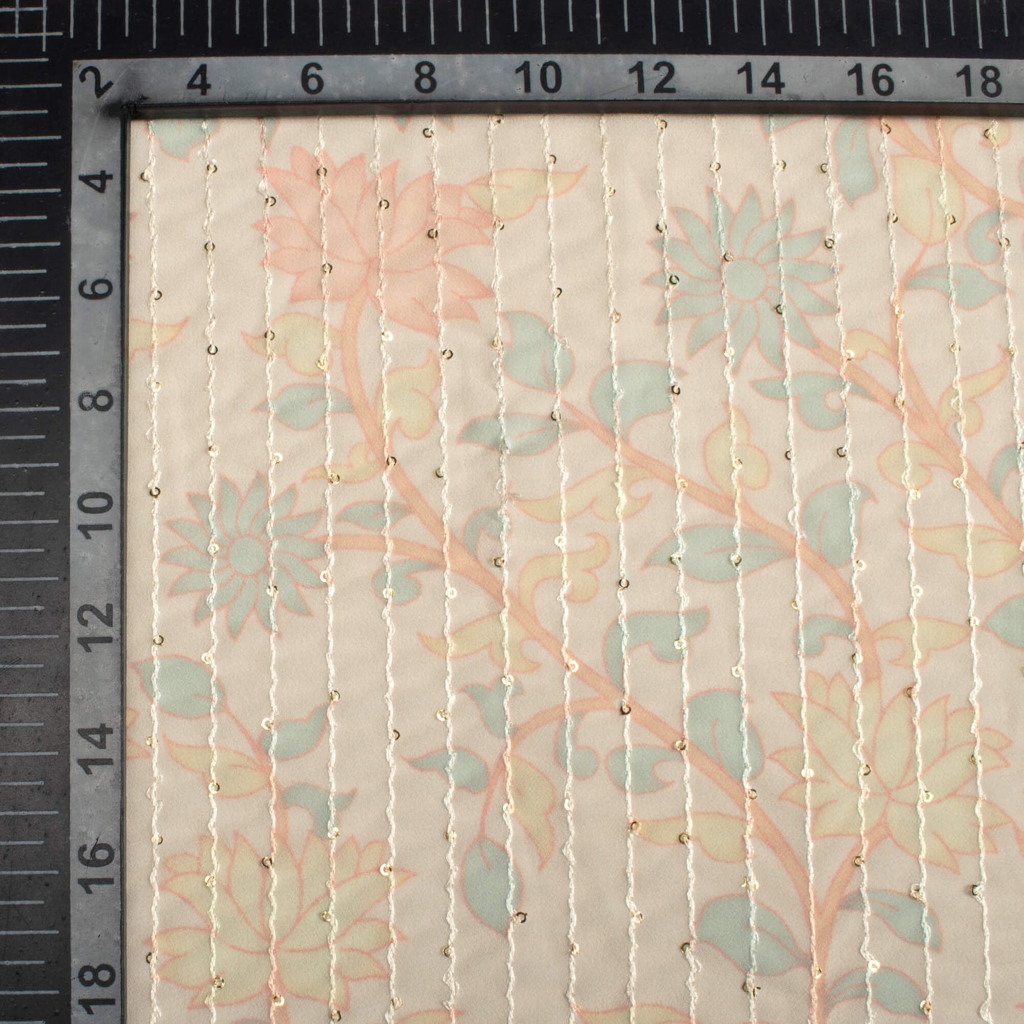 Pale Orange And Blush Red Floral Pattern Digital Print Premium Sequins Georgette Fabric