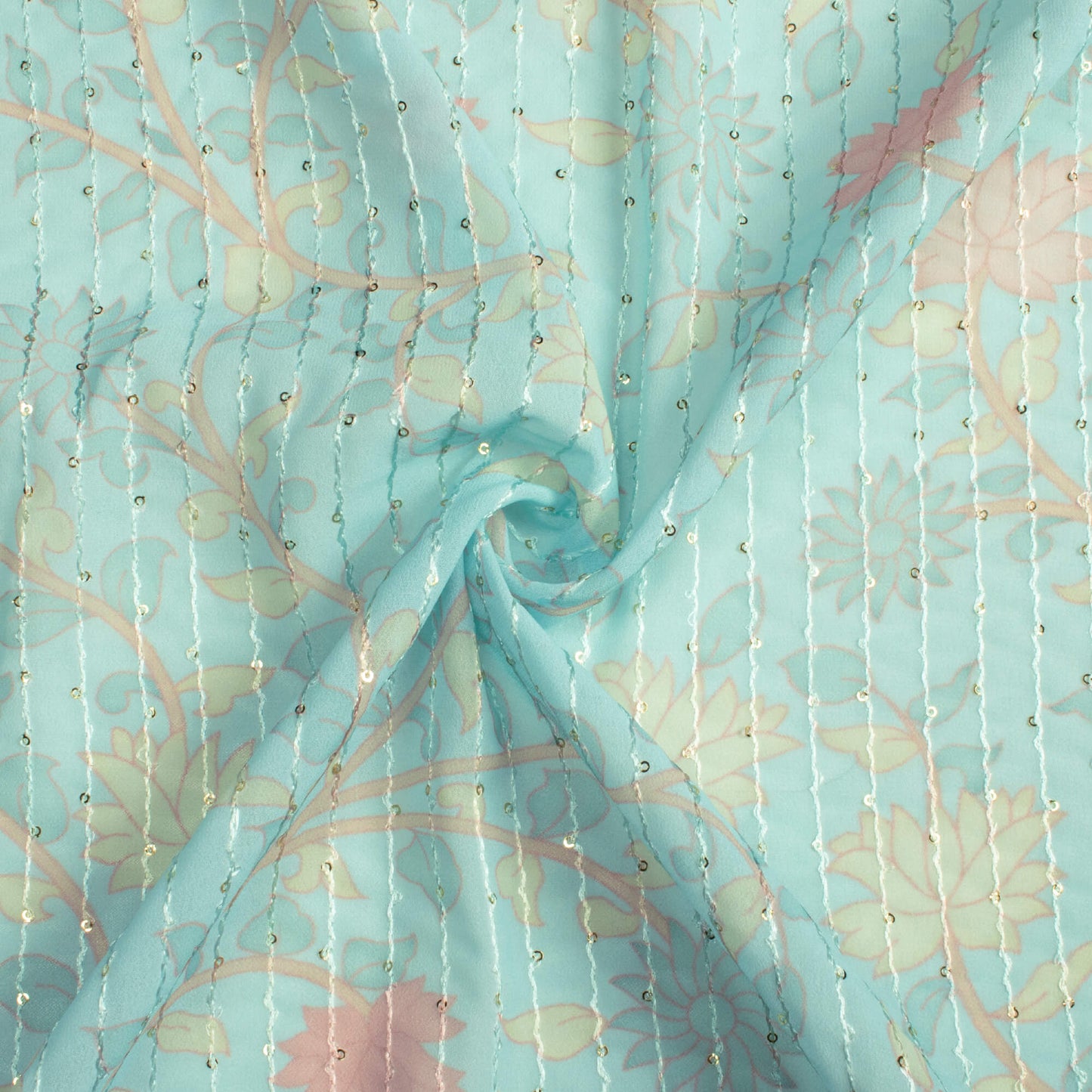 Pale Turquoise And Blush Red Floral Pattern Digital Print Premium Sequins Georgette Fabric