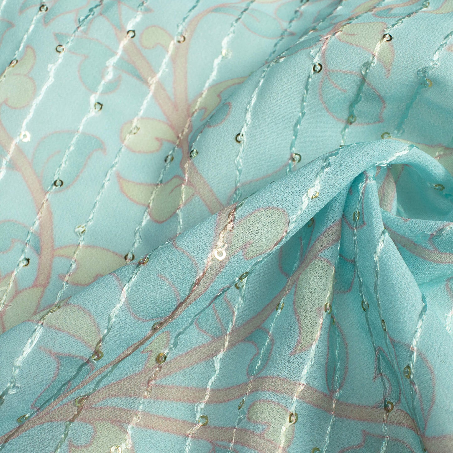 Pale Turquoise And Blush Red Floral Pattern Digital Print Premium Sequins Georgette Fabric