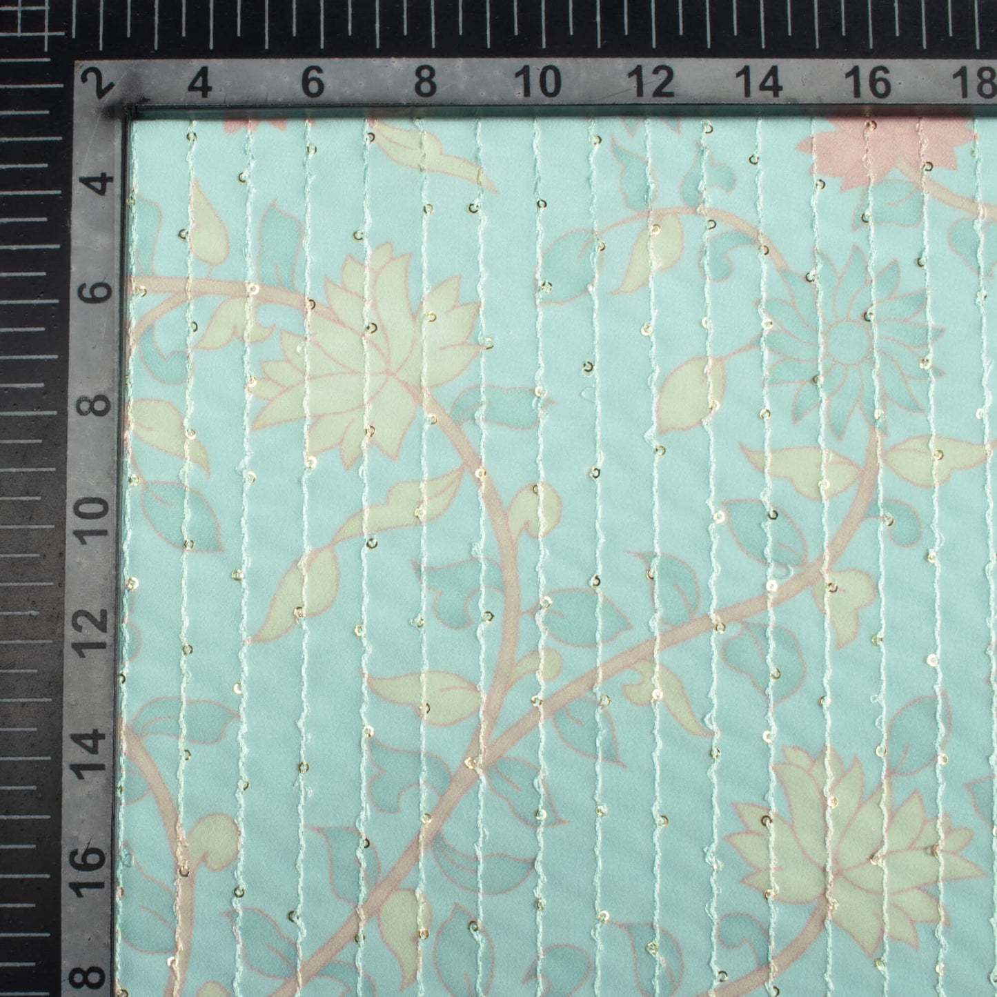 Pale Turquoise And Blush Red Floral Pattern Digital Print Premium Sequins Georgette Fabric