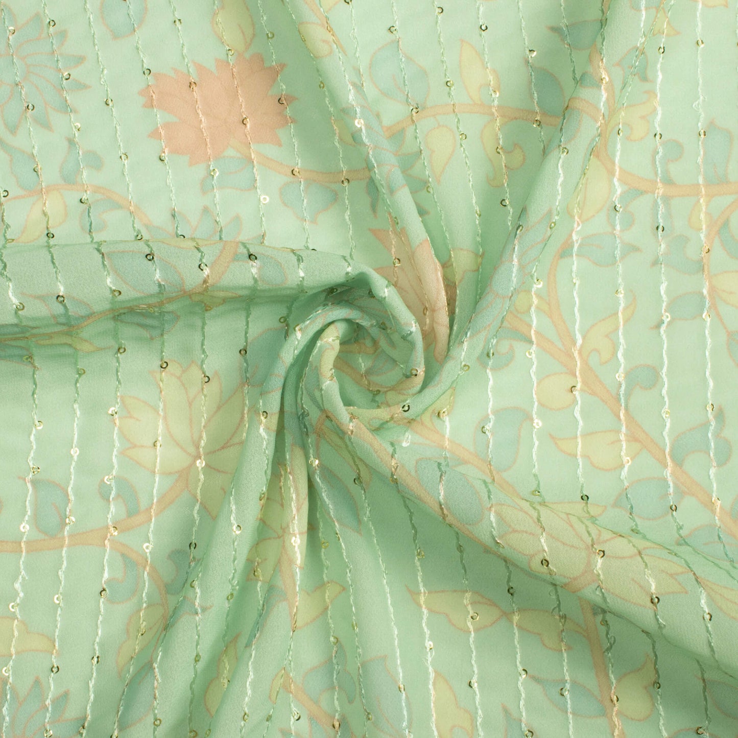 Pale Green And Blush Red Floral Pattern Digital Print Premium Sequins Georgette Fabric