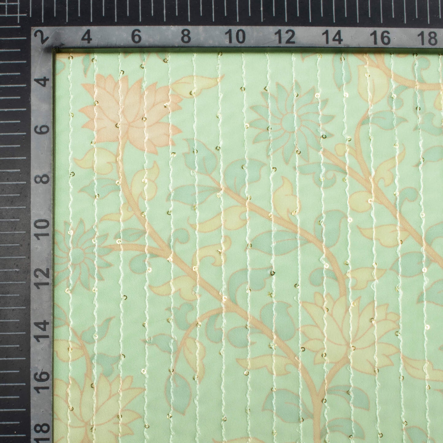 Pale Green And Blush Red Floral Pattern Digital Print Premium Sequins Georgette Fabric