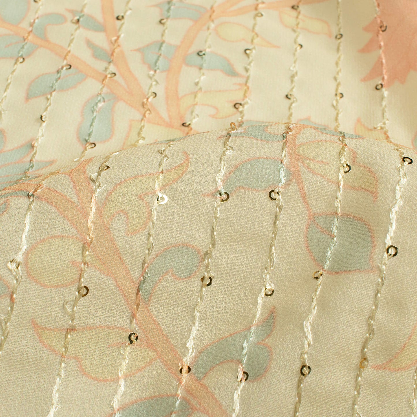Pale Yellow And Blush Red Floral Pattern Digital Print Premium Sequins Georgette Fabric