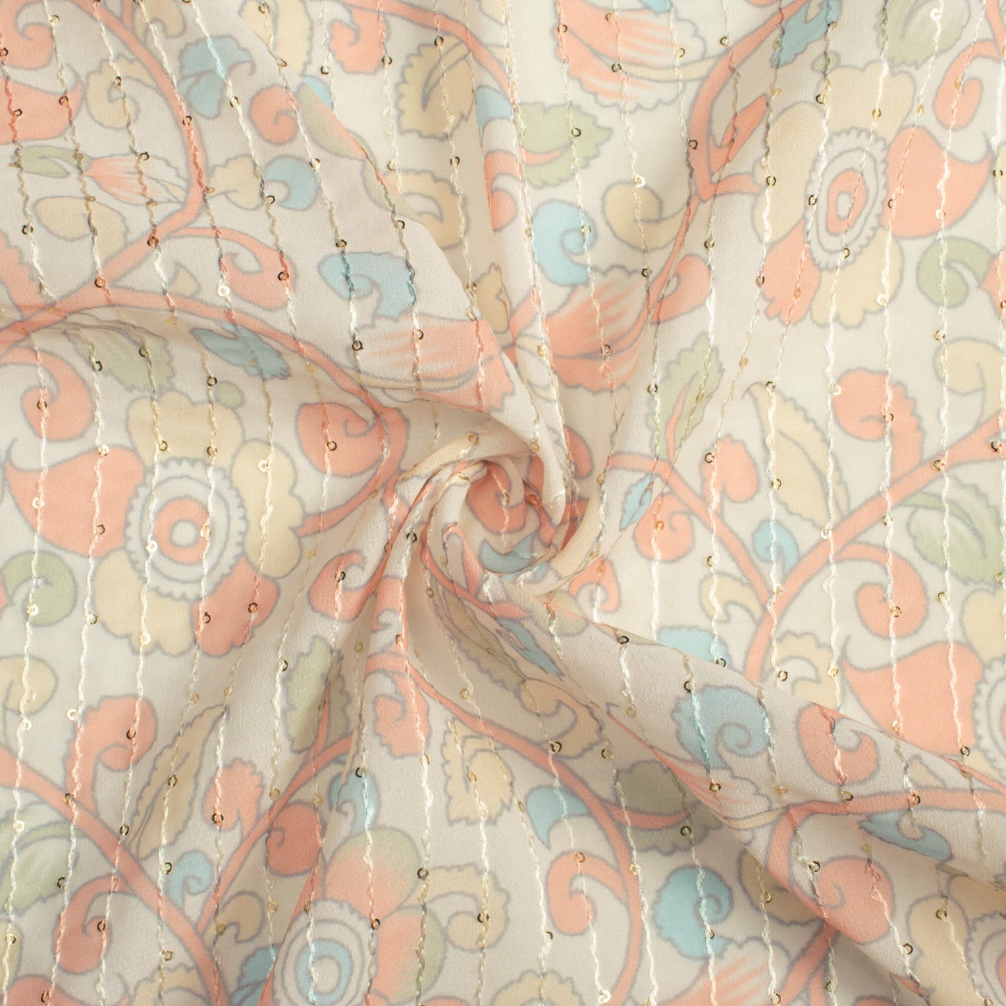 Oat Beige And Coral Peach Kalamkrii Pattern Digital Print Premium Sequins Georgette Fabric