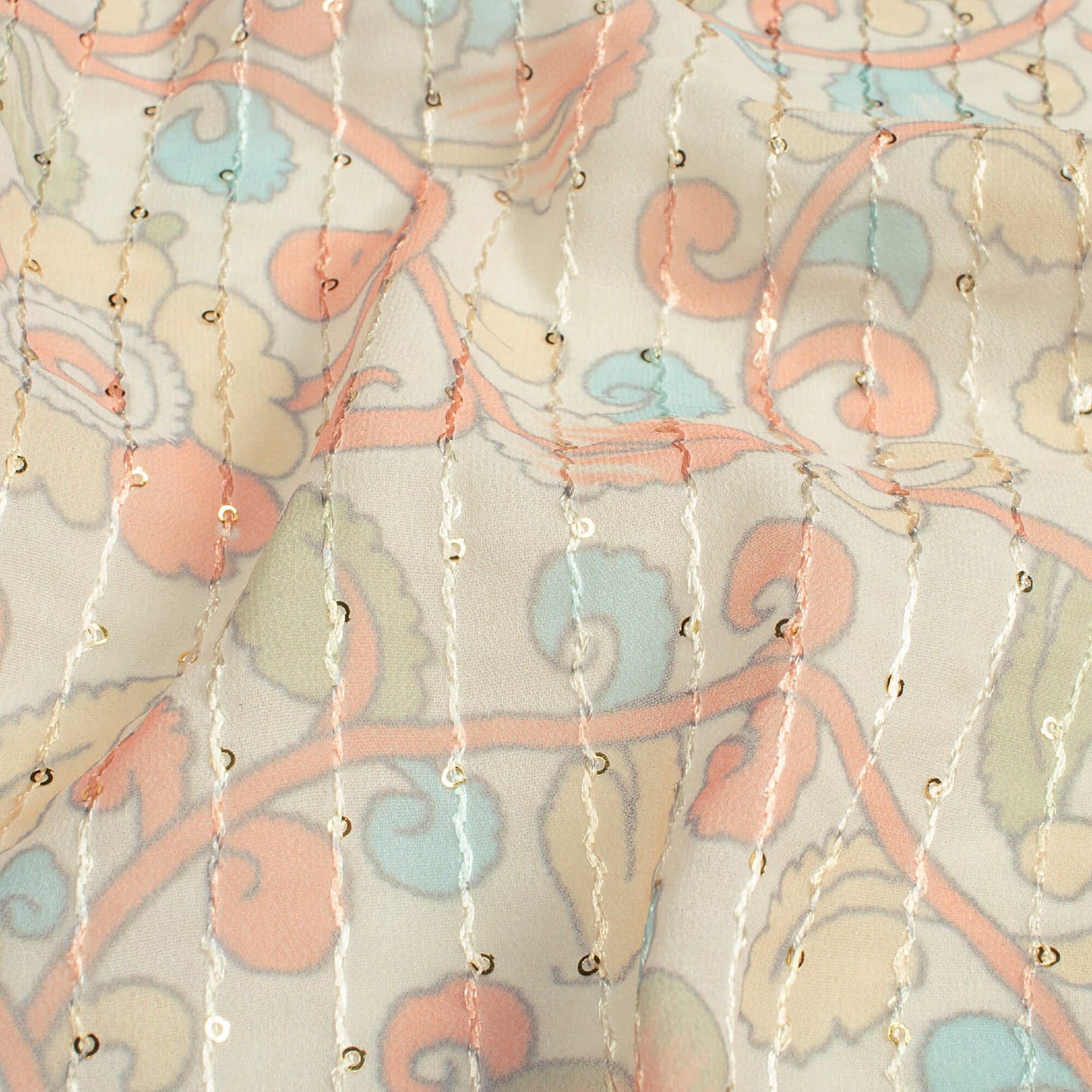 Oat Beige And Coral Peach Kalamkari Pattern Digital Print Premium Sequins Georgette Fabric