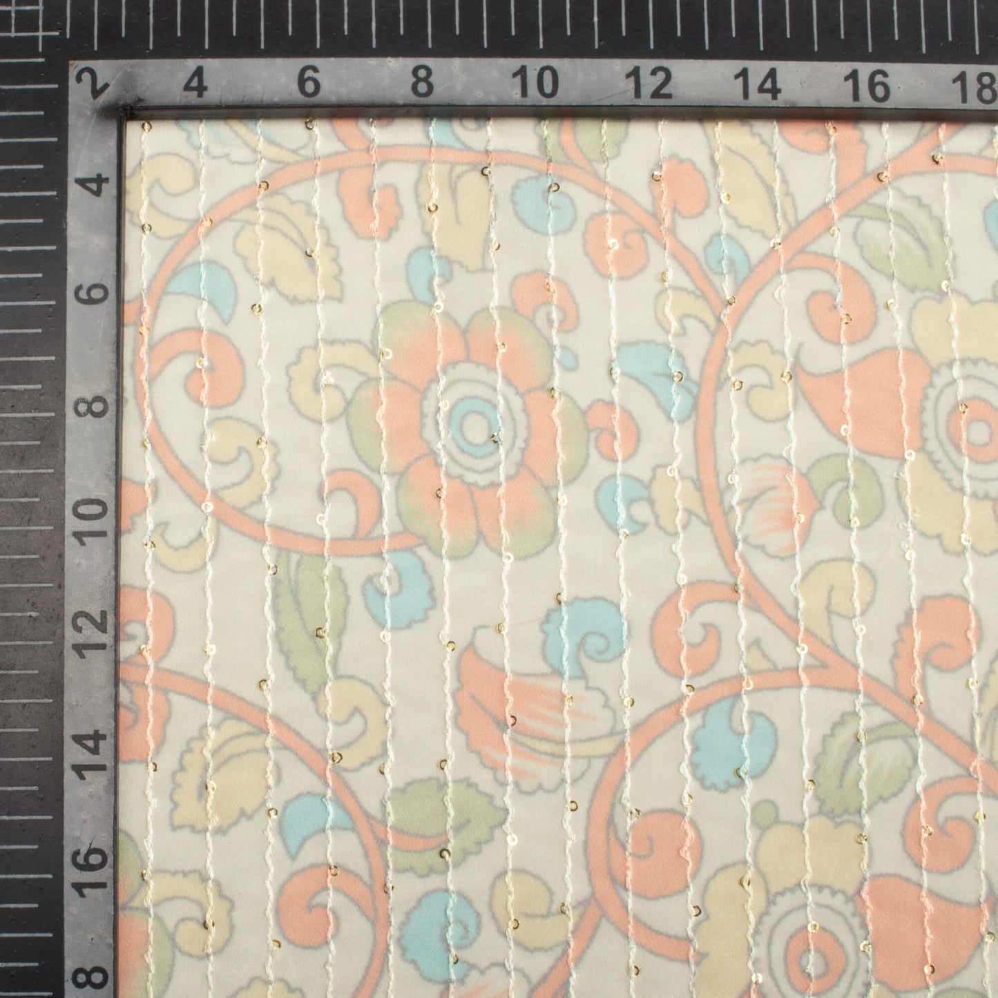 Oat Beige And Coral Peach Kalamkrii Pattern Digital Print Premium Sequins Georgette Fabric