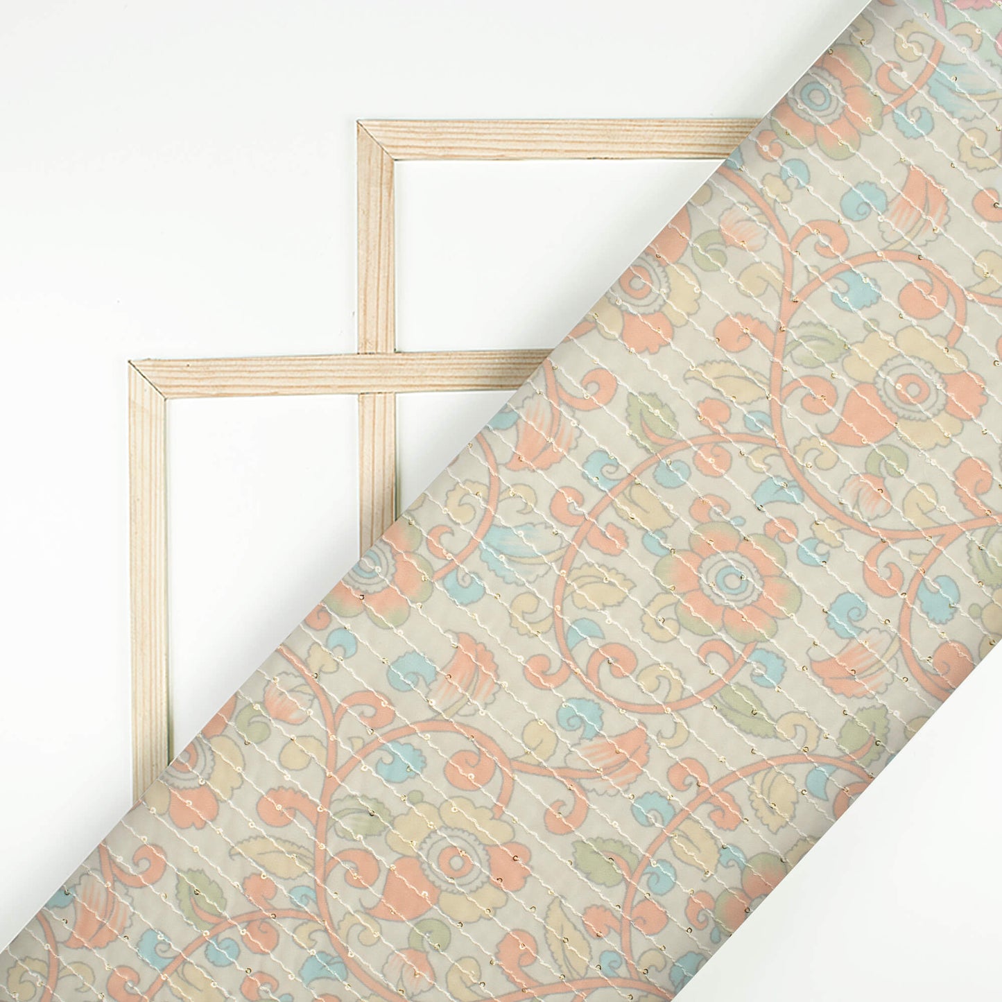 Oat Beige And Coral Peach Kalamkrii Pattern Digital Print Premium Sequins Georgette Fabric