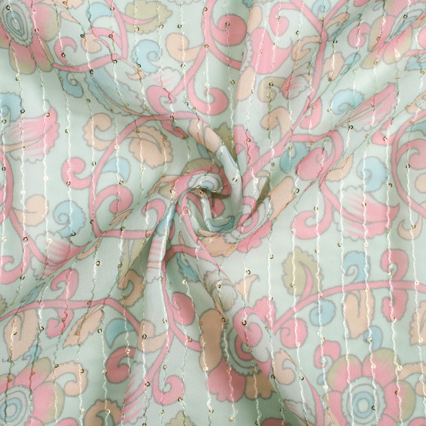 Mint Green And Carnation Pink Kalamkari Pattern Digital Print Premium Sequins Georgette Fabric