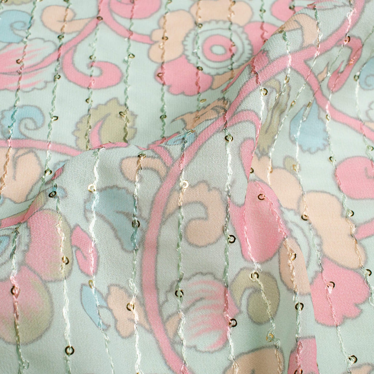 Mint Green And Carnation Pink Kalamkrii Pattern Digital Print Premium Sequins Georgette Fabric