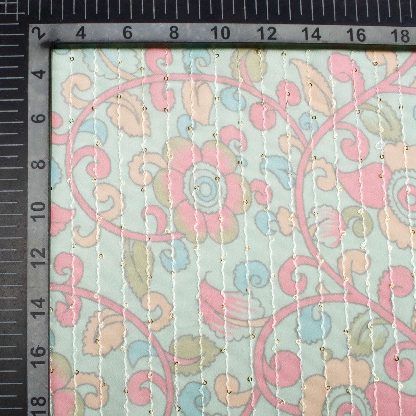 Mint Green And Carnation Pink Kalamkari Pattern Digital Print Premium Sequins Georgette Fabric