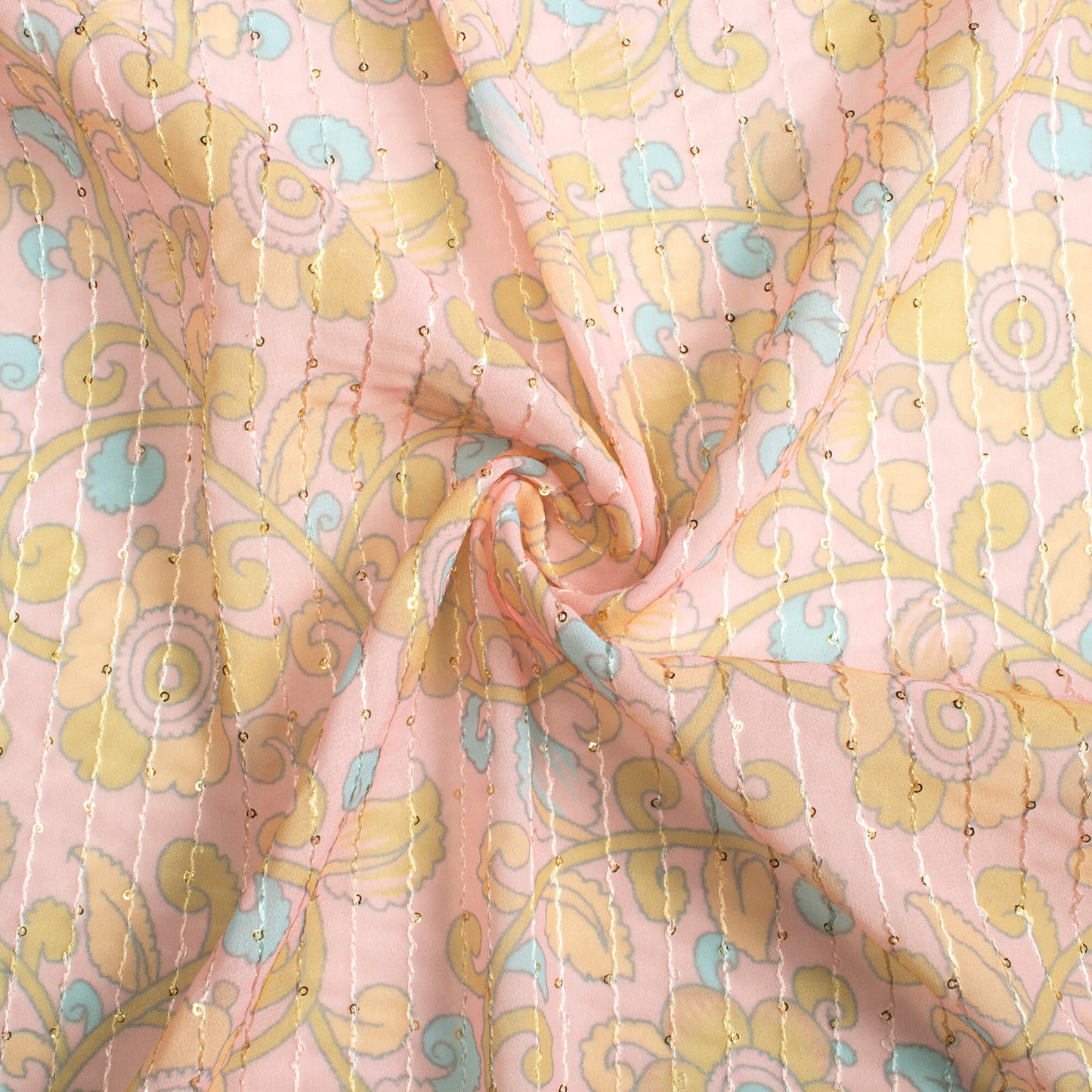 Lemonade Pink And Olive Green Kalamkrii Pattern Digital Print Premium Sequins Georgette Fabric