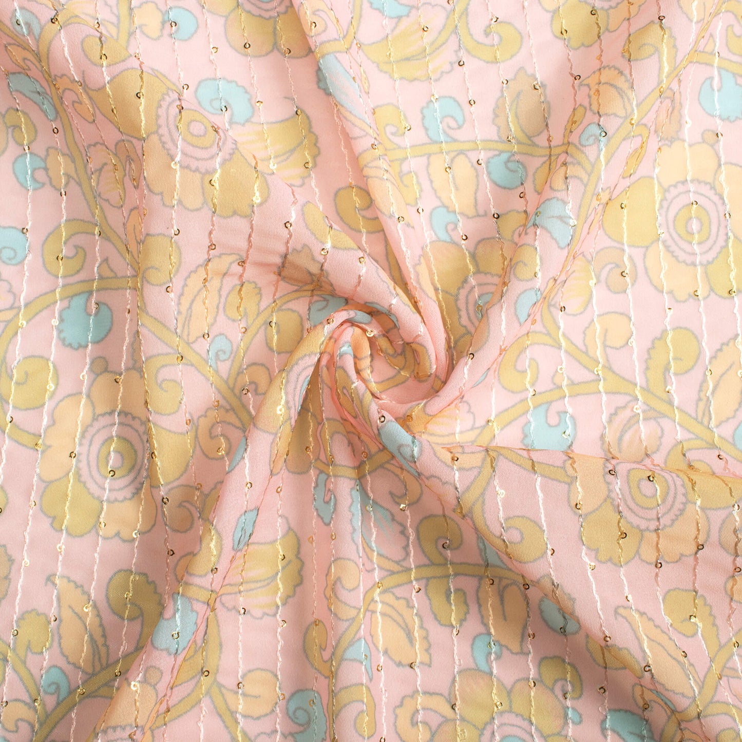Lemonade Pink And Olive Green Kalamkari Pattern Digital Print Premium Sequins Georgette Fabric
