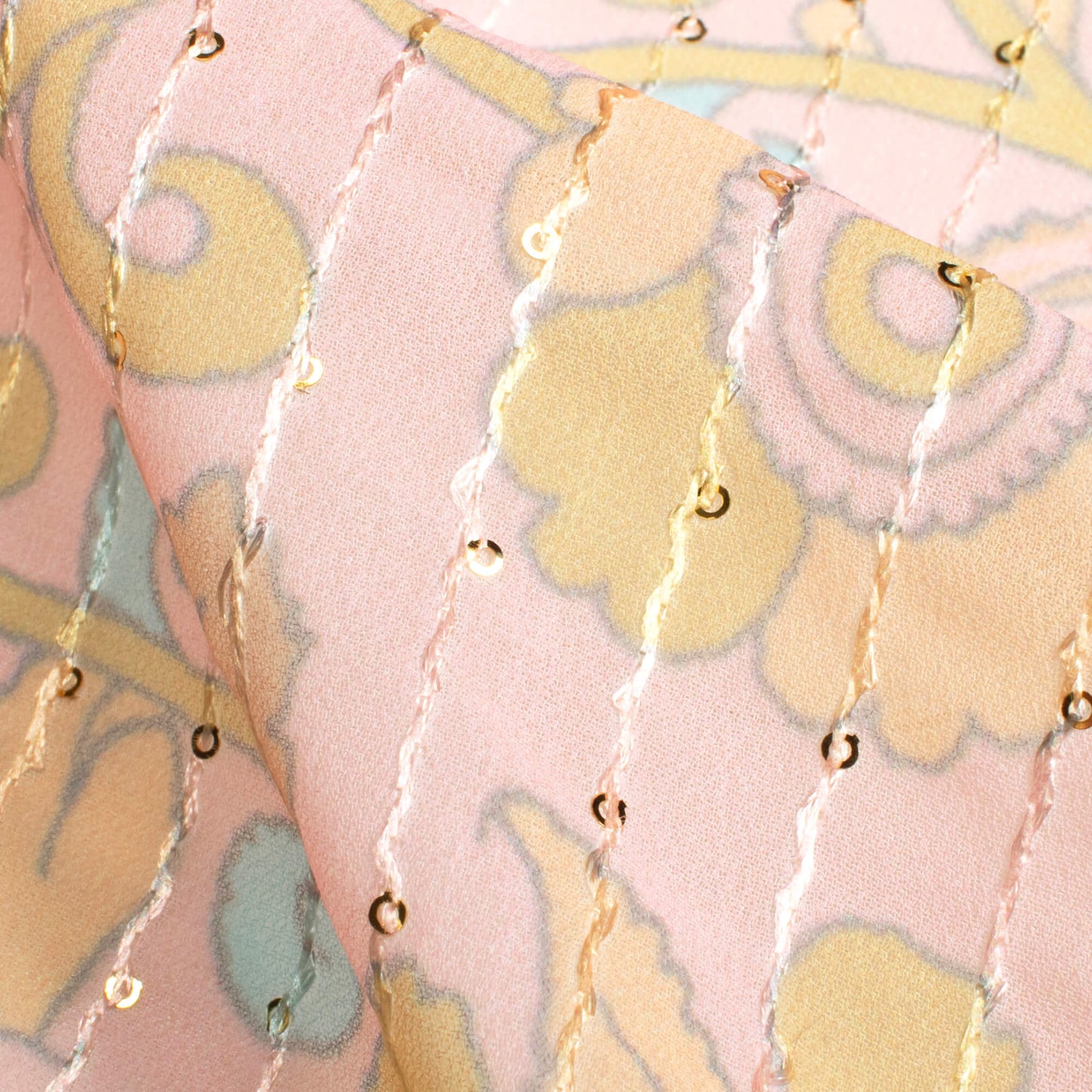 Lemonade Pink And Olive Green Kalamkari Pattern Digital Print Premium Sequins Georgette Fabric