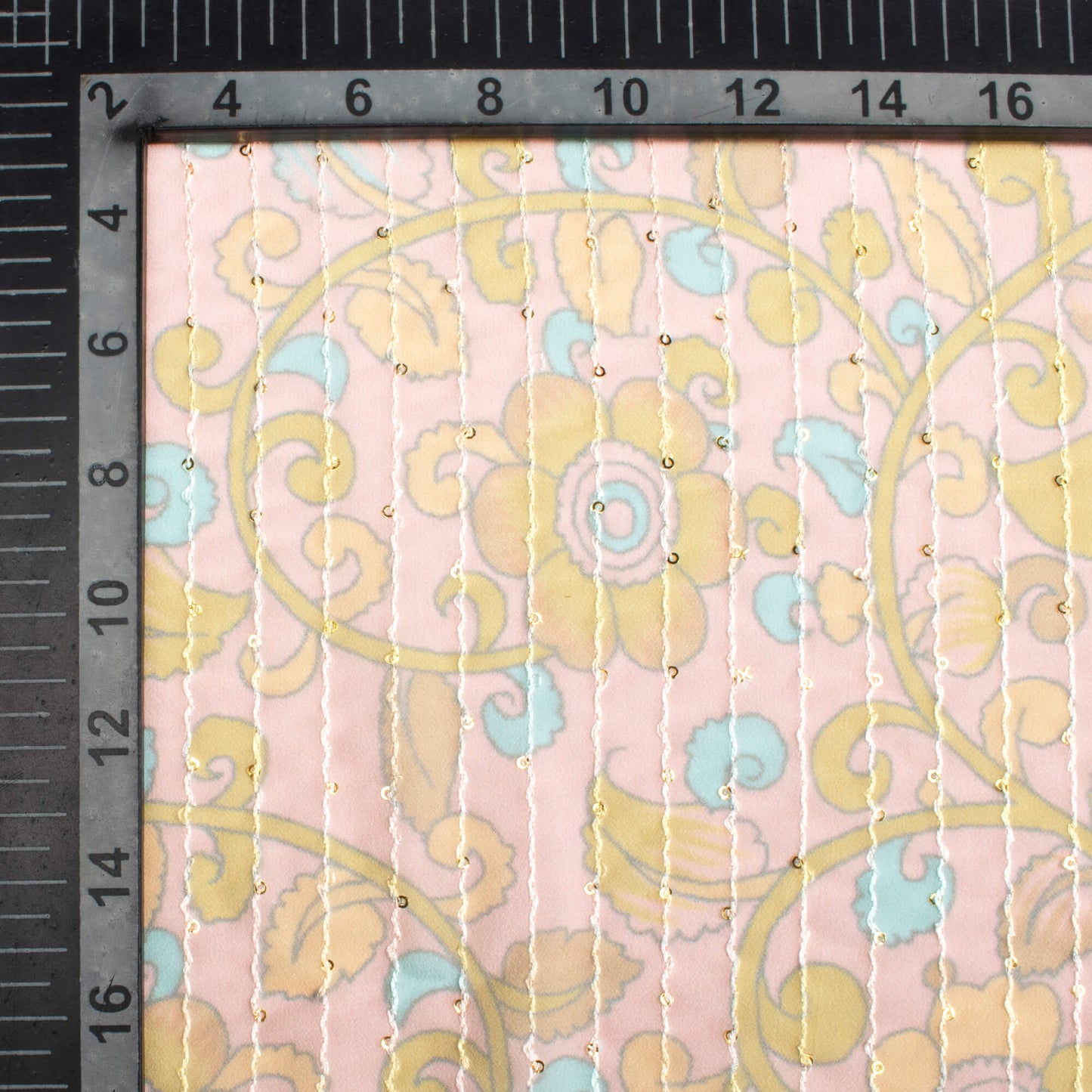 Lemonade Pink And Olive Green Kalamkrii Pattern Digital Print Premium Sequins Georgette Fabric