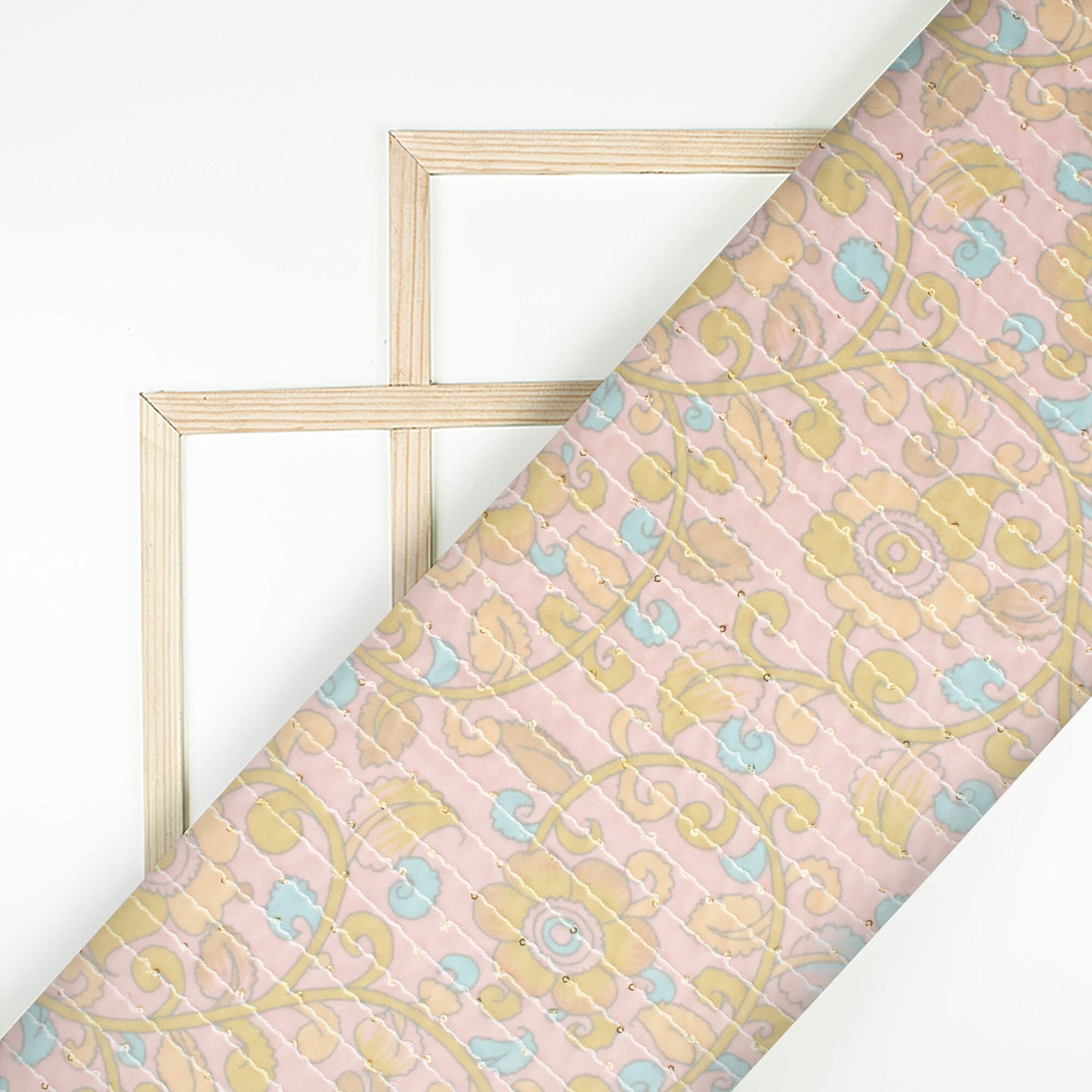 Lemonade Pink And Olive Green Kalamkrii Pattern Digital Print Premium Sequins Georgette Fabric