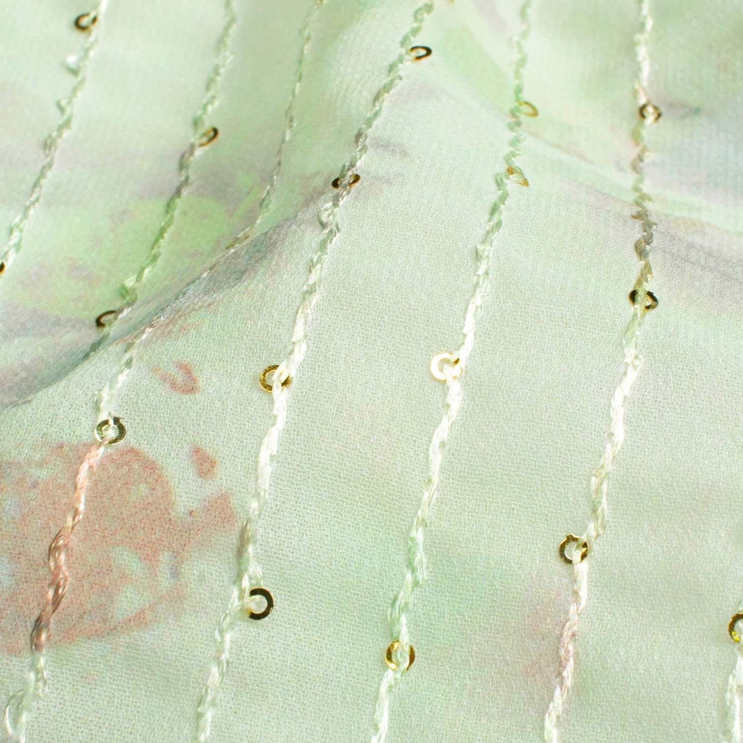 Tea Green And Lemonade Pink Kalamkari Pattern Digital Print Premium Sequins Georgette Fabric