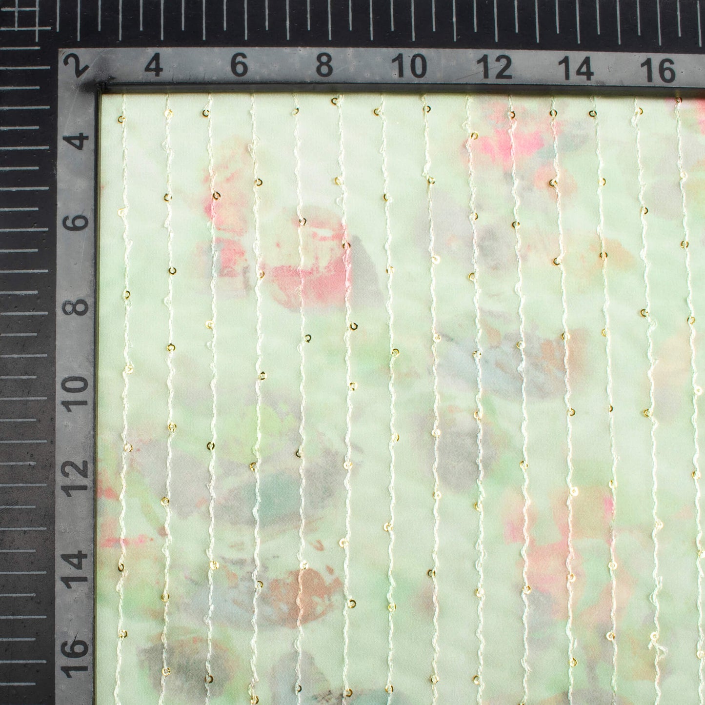 Tea Green And Lemonade Pink Kalamkrii Pattern Digital Print Premium Sequins Georgette Fabric
