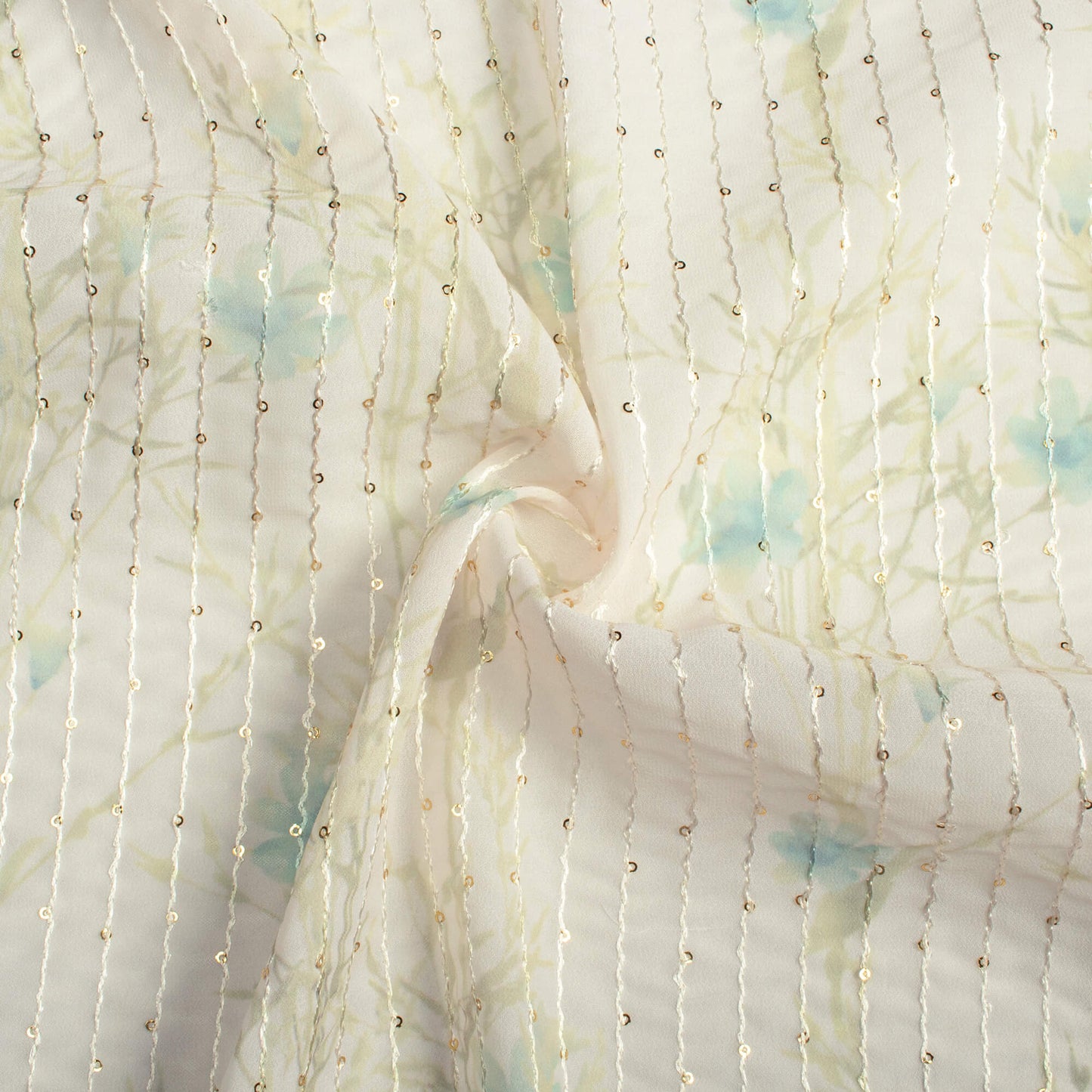 Oat Beige And Olive Green Floral Pattern Digital Print Premium Sequins Georgette Fabric