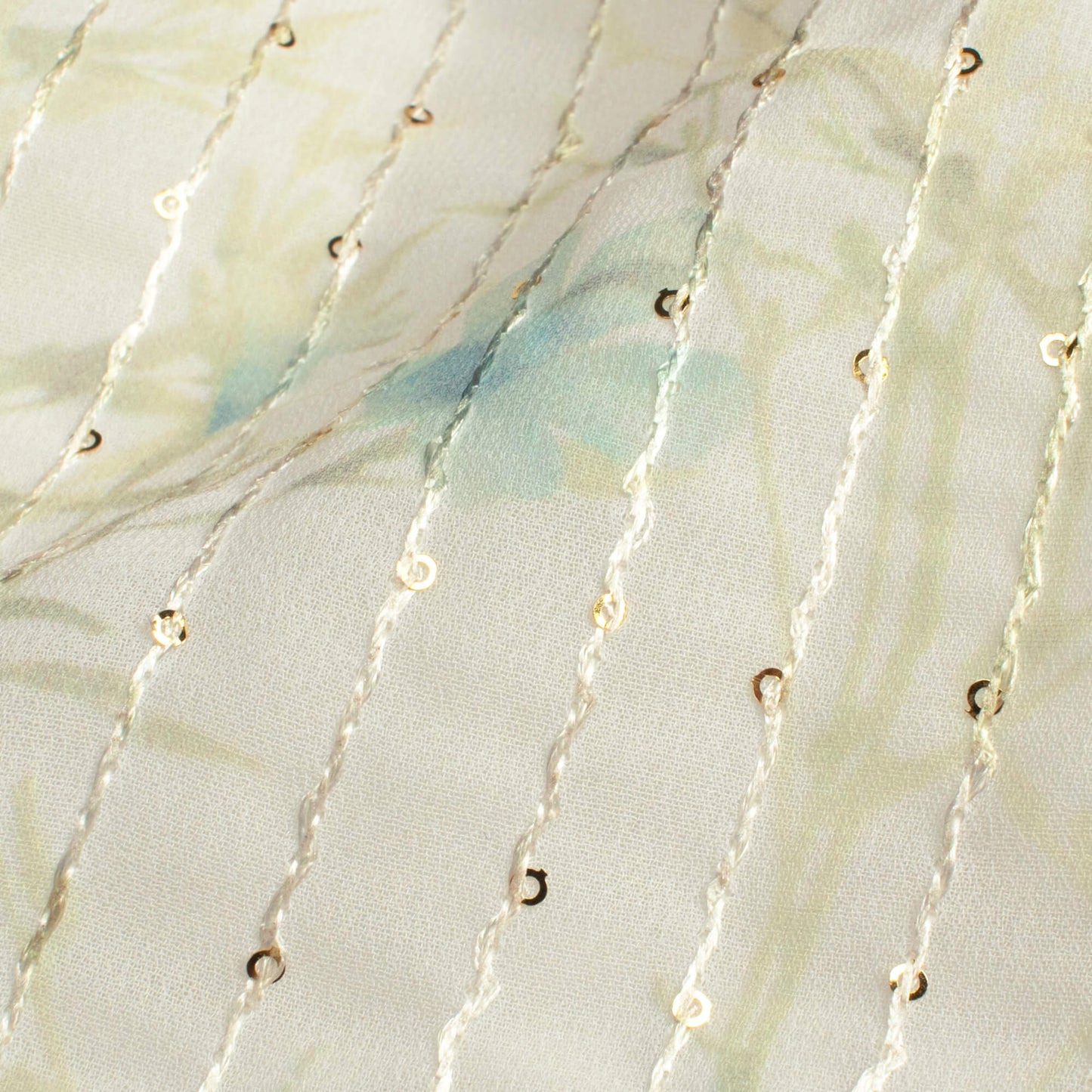Oat Beige And Olive Green Floral Pattern Digital Print Premium Sequins Georgette Fabric