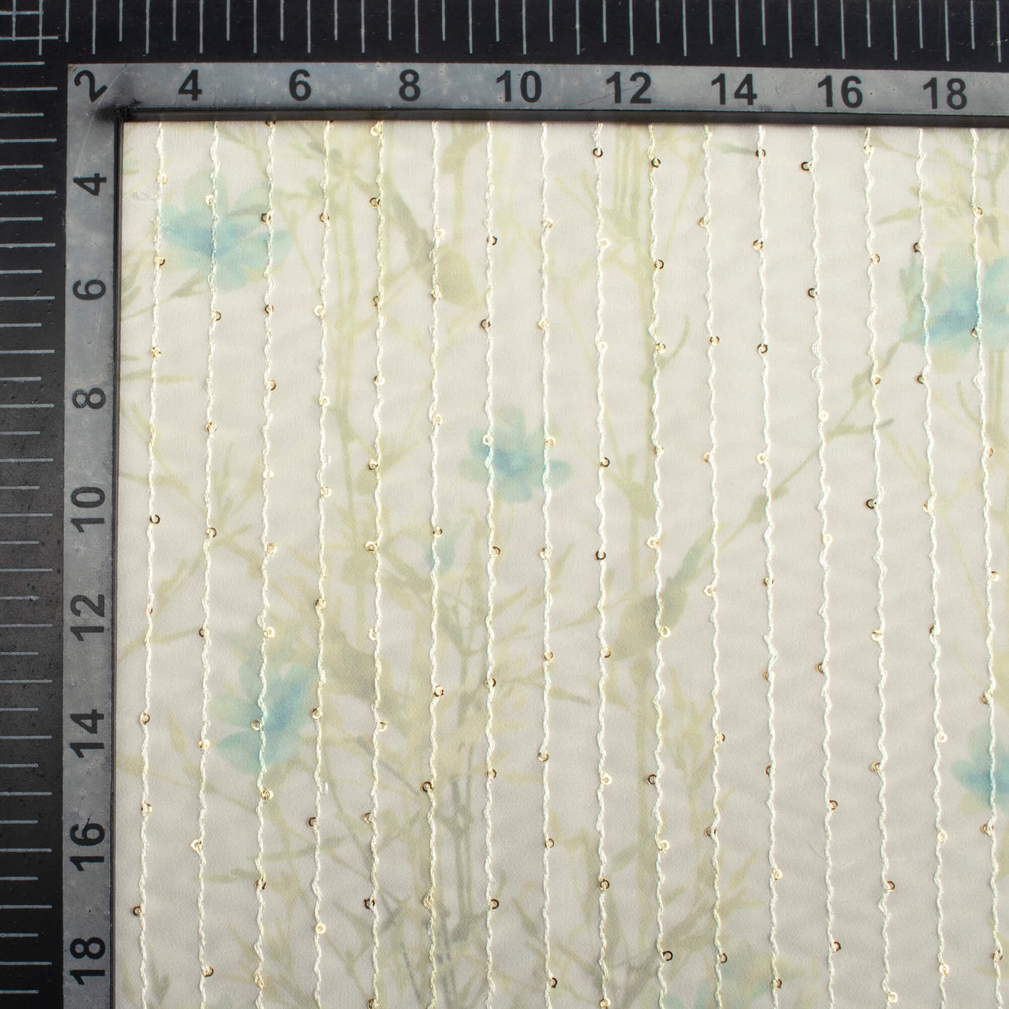 Oat Beige And Olive Green Floral Pattern Digital Print Premium Sequins Georgette Fabric