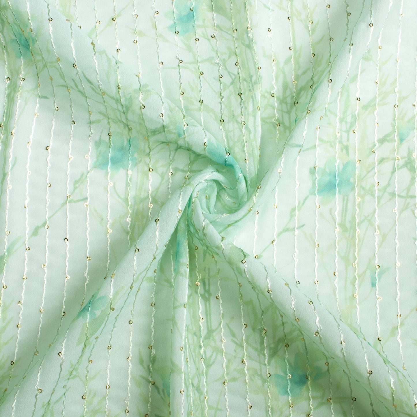 Mint Green And Olive Green Floral Pattern Digital Print Premium Sequins Georgette Fabric