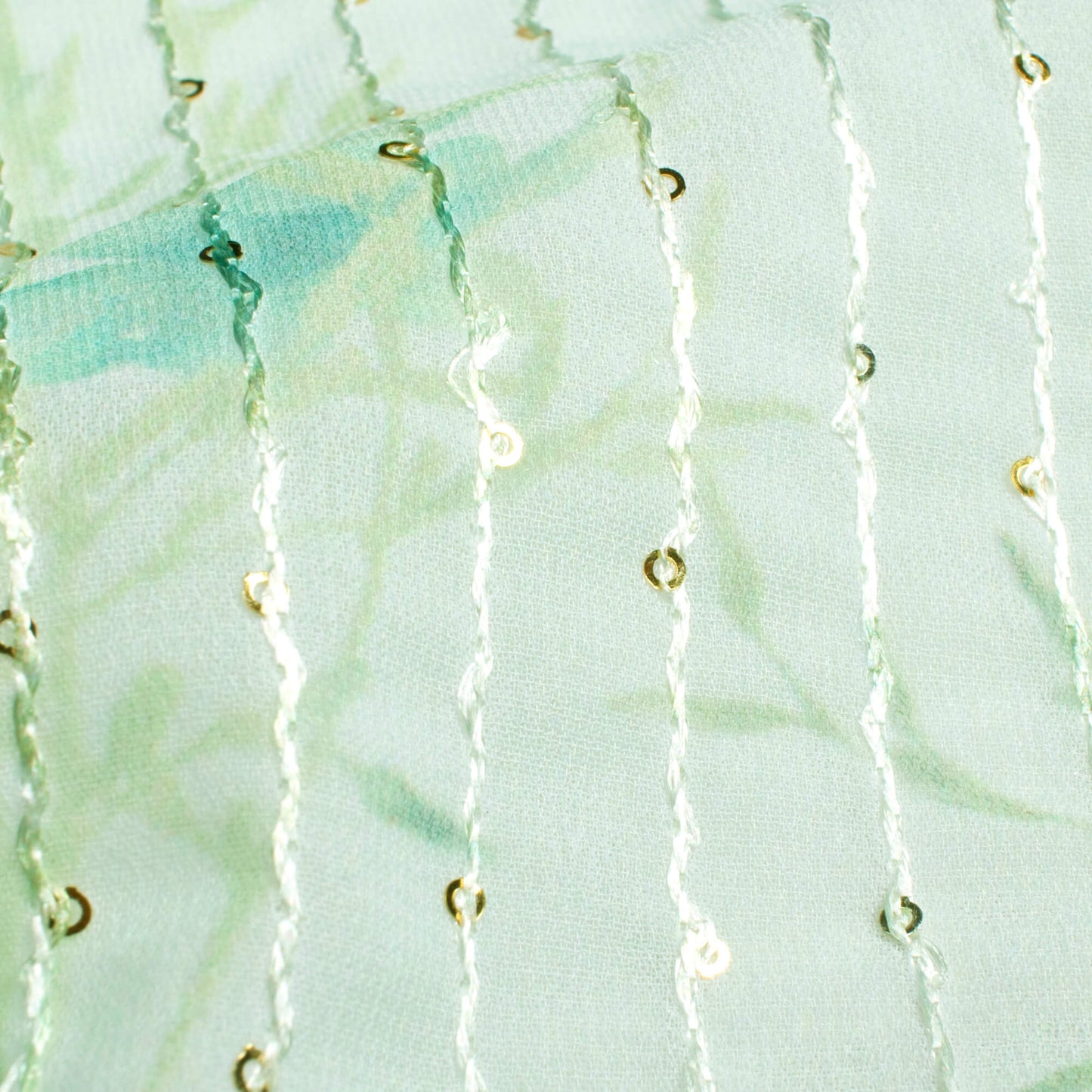 Mint Green And Olive Green Floral Pattern Digital Print Premium Sequins Georgette Fabric