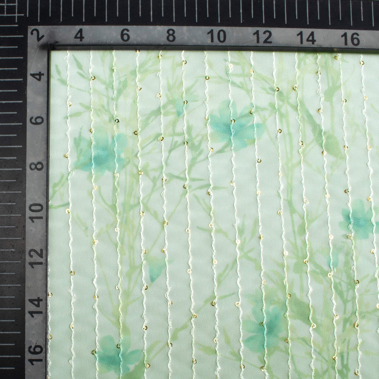 Mint Green And Olive Green Floral Pattern Digital Print Premium Sequins Georgette Fabric