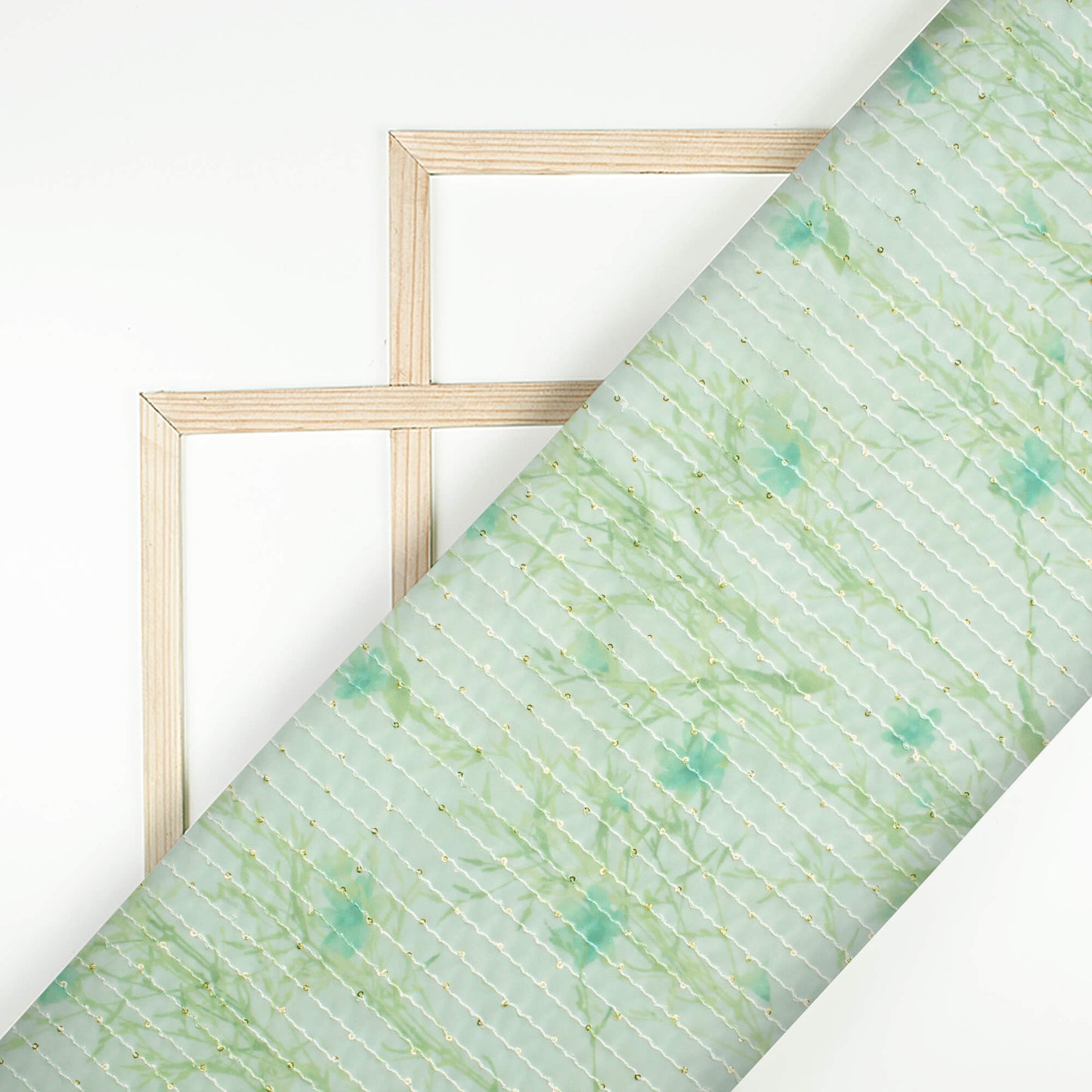 Mint Green And Olive Green Floral Pattern Digital Print Premium Sequins Georgette Fabric