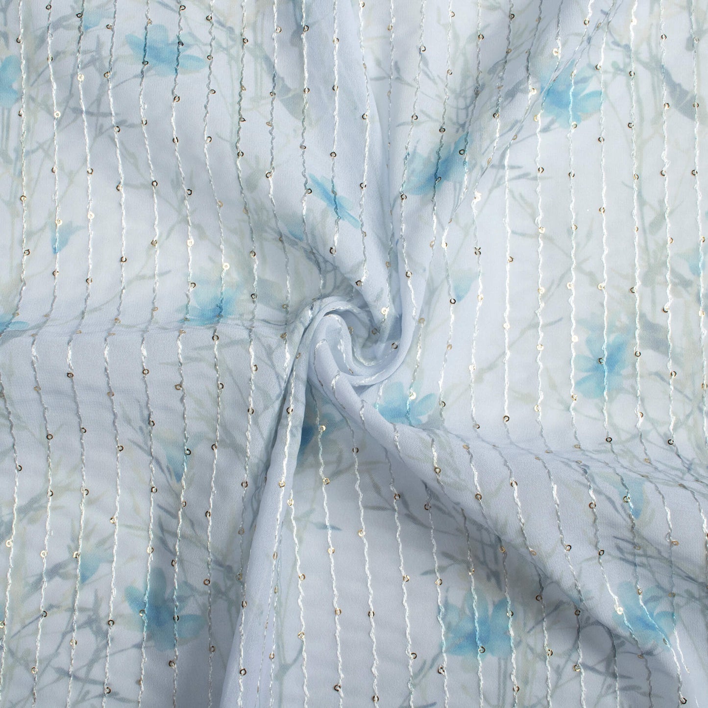 Pegion Grey And Baby Blue Floral Pattern Digital Print Premium Sequins Georgette Fabric