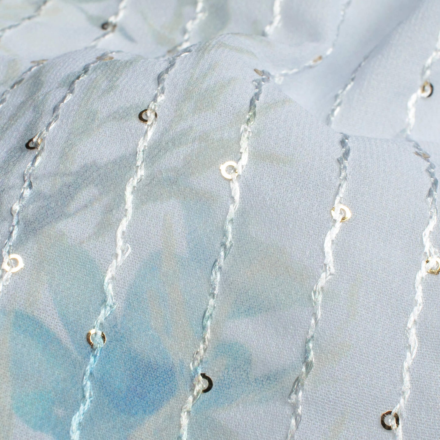 Pegion Grey And Baby Blue Floral Pattern Digital Print Premium Sequins Georgette Fabric