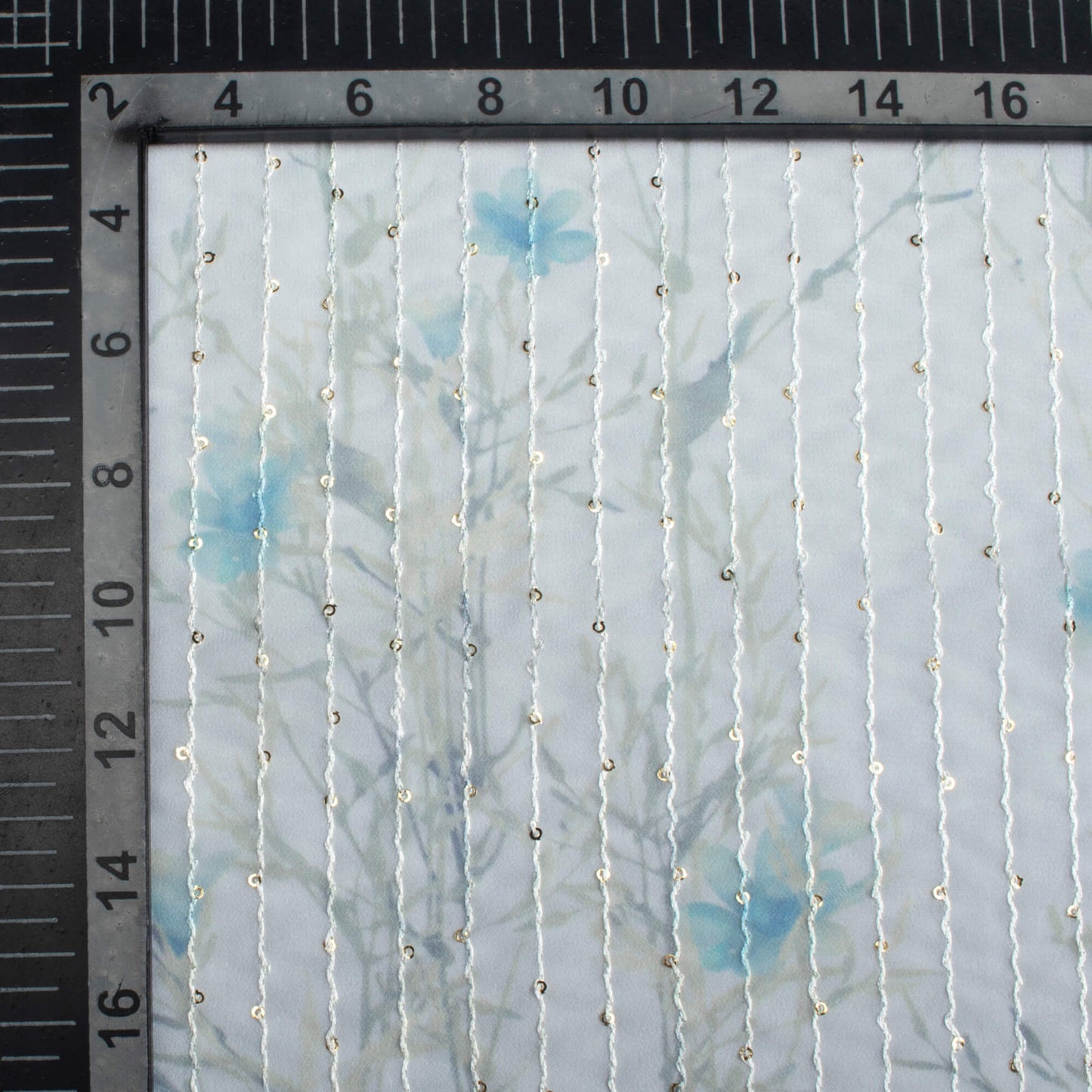 Pegion Grey And Baby Blue Floral Pattern Digital Print Premium Sequins Georgette Fabric