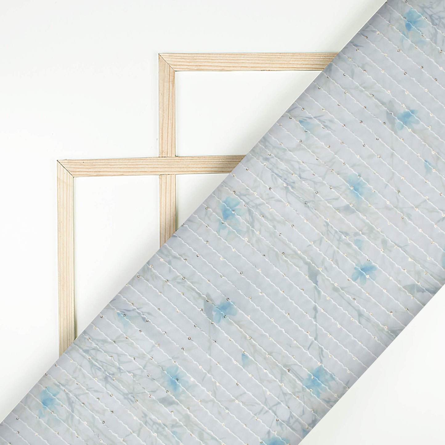 Pegion Grey And Baby Blue Floral Pattern Digital Print Premium Sequins Georgette Fabric