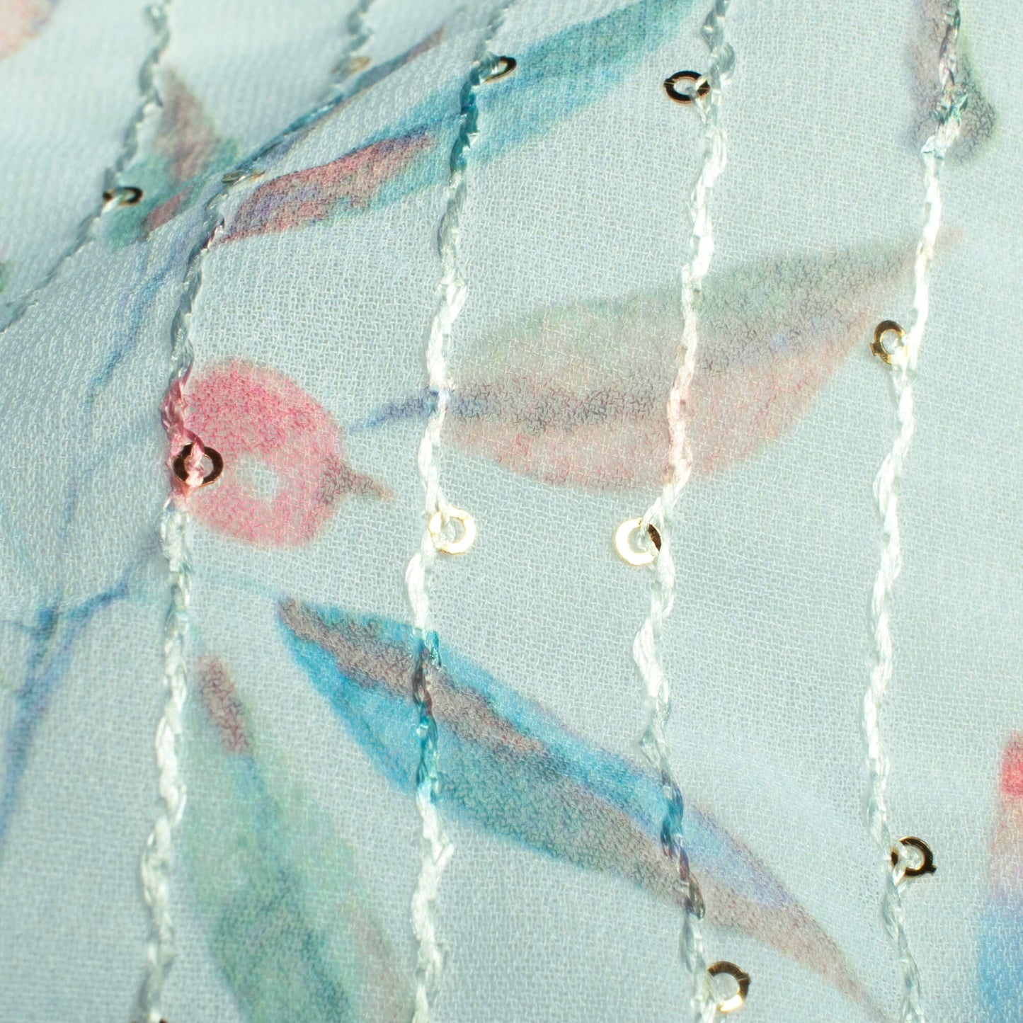 Pastel Blue And Green Leaf Pattern Digital Print Premium Sequins Georgette Fabric